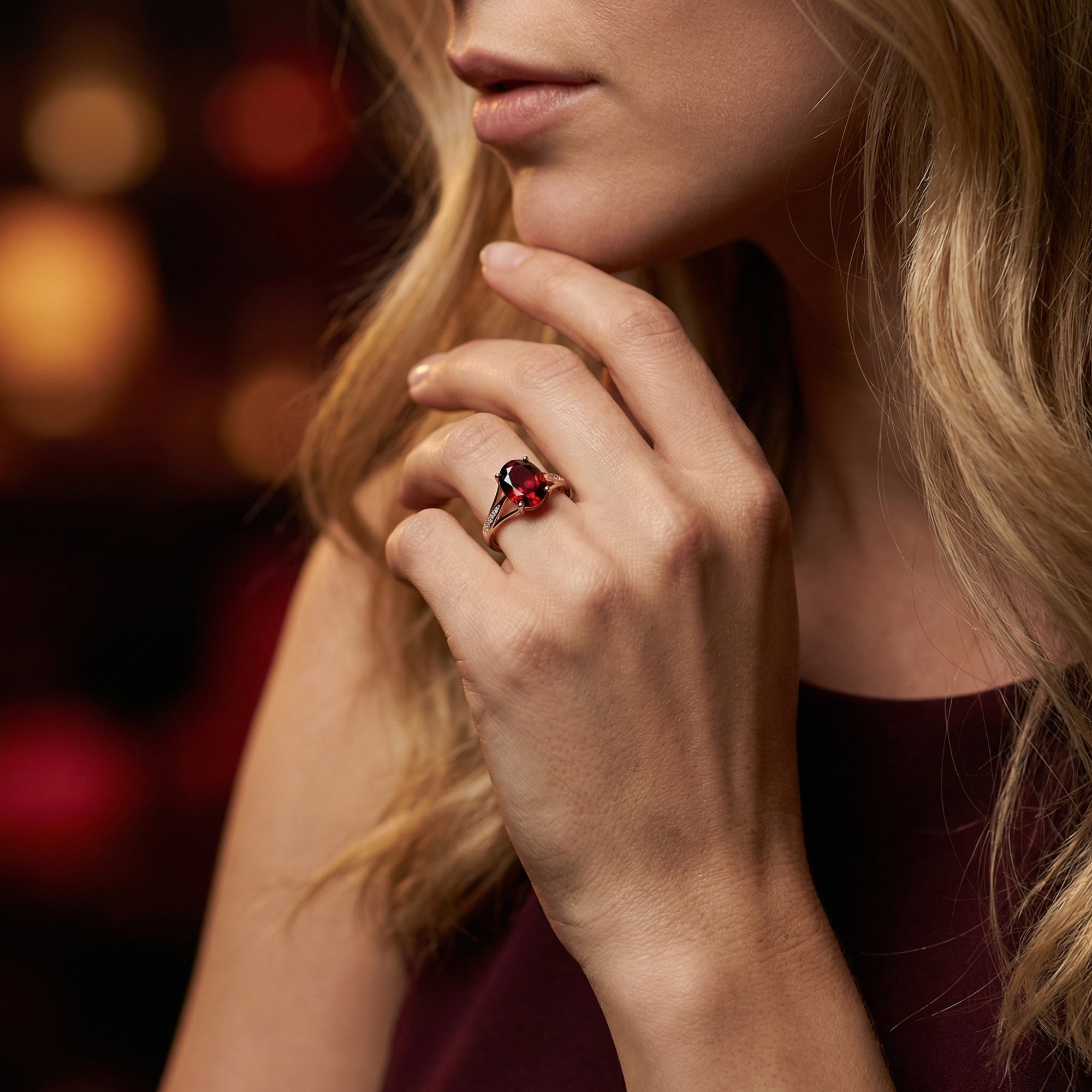 Model wearing the Elettra oval garnet ring in 18K rose gold on her finger, showcasing its size and elegant design.