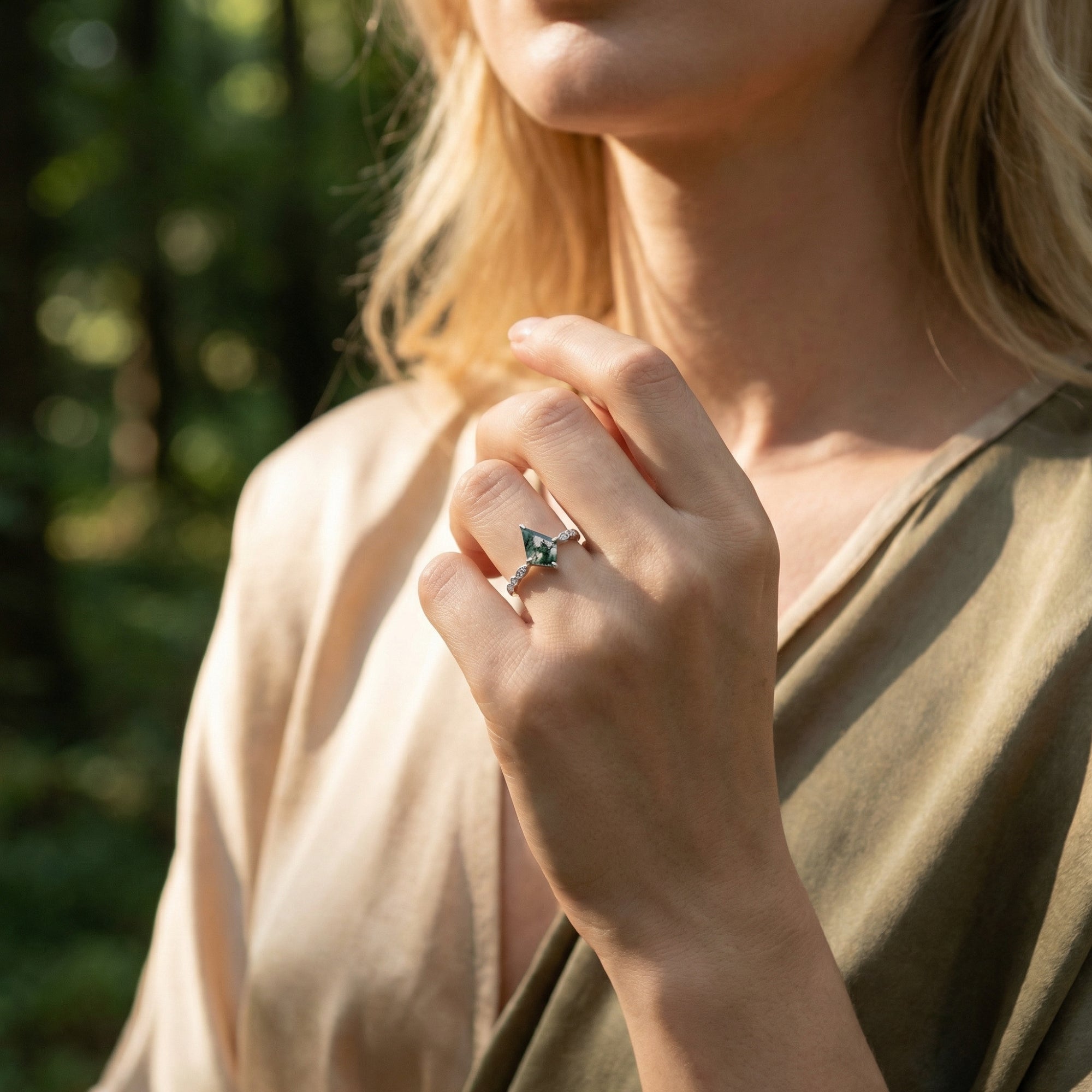 Kite Cut Natural Moss Agate Twisted Diamond Ring - S925 Sterling Silver