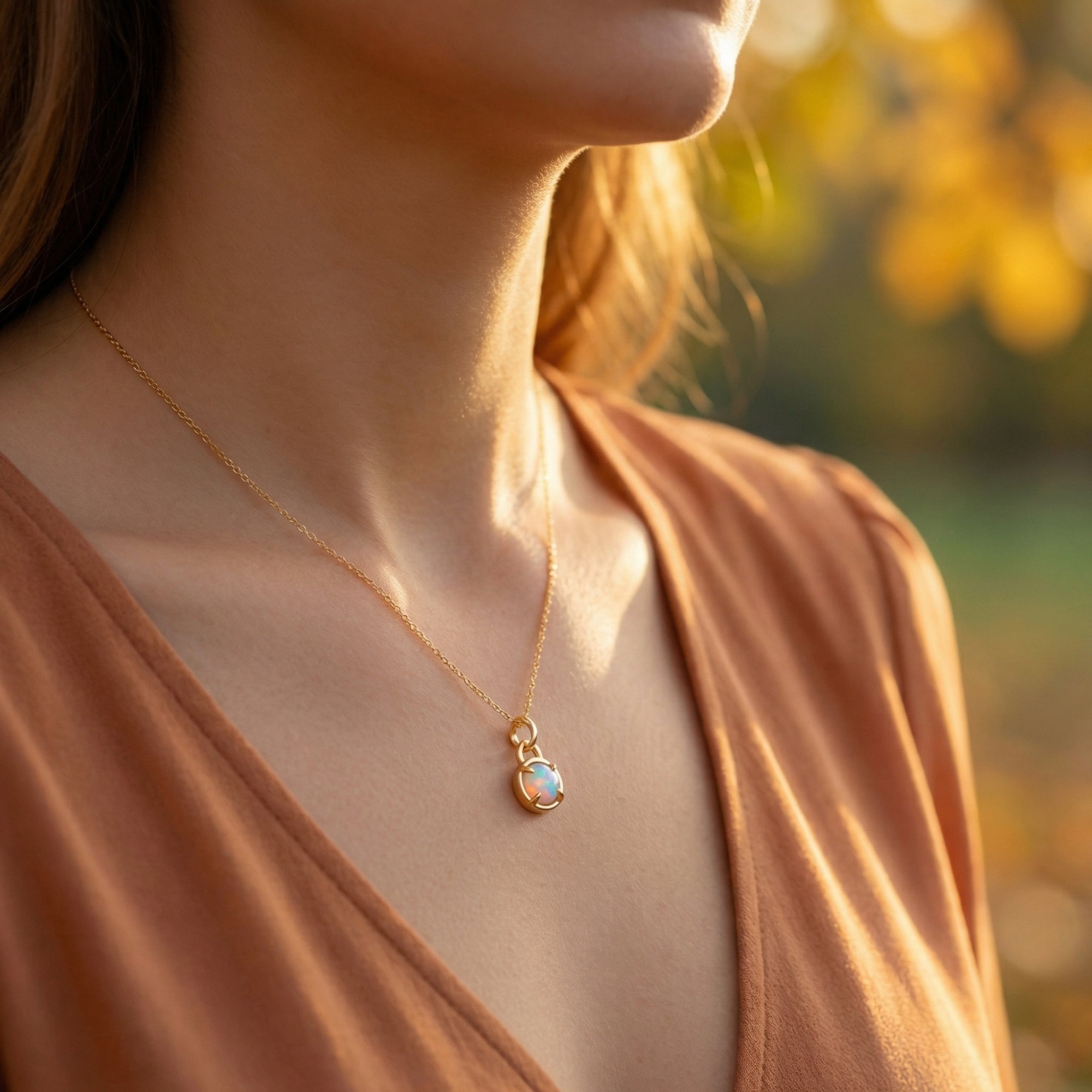 Model wearing the gold-tone Lumiel round cut white opal pendant necklace in natural outdoor light.