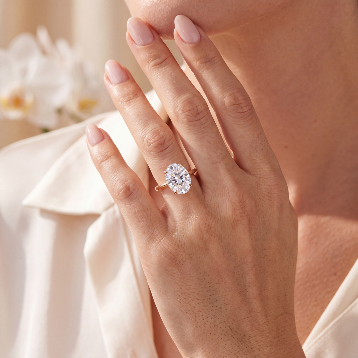 Close-up of a model wearing a yellow gold oval moissanite solitaire engagement ring on her finger.