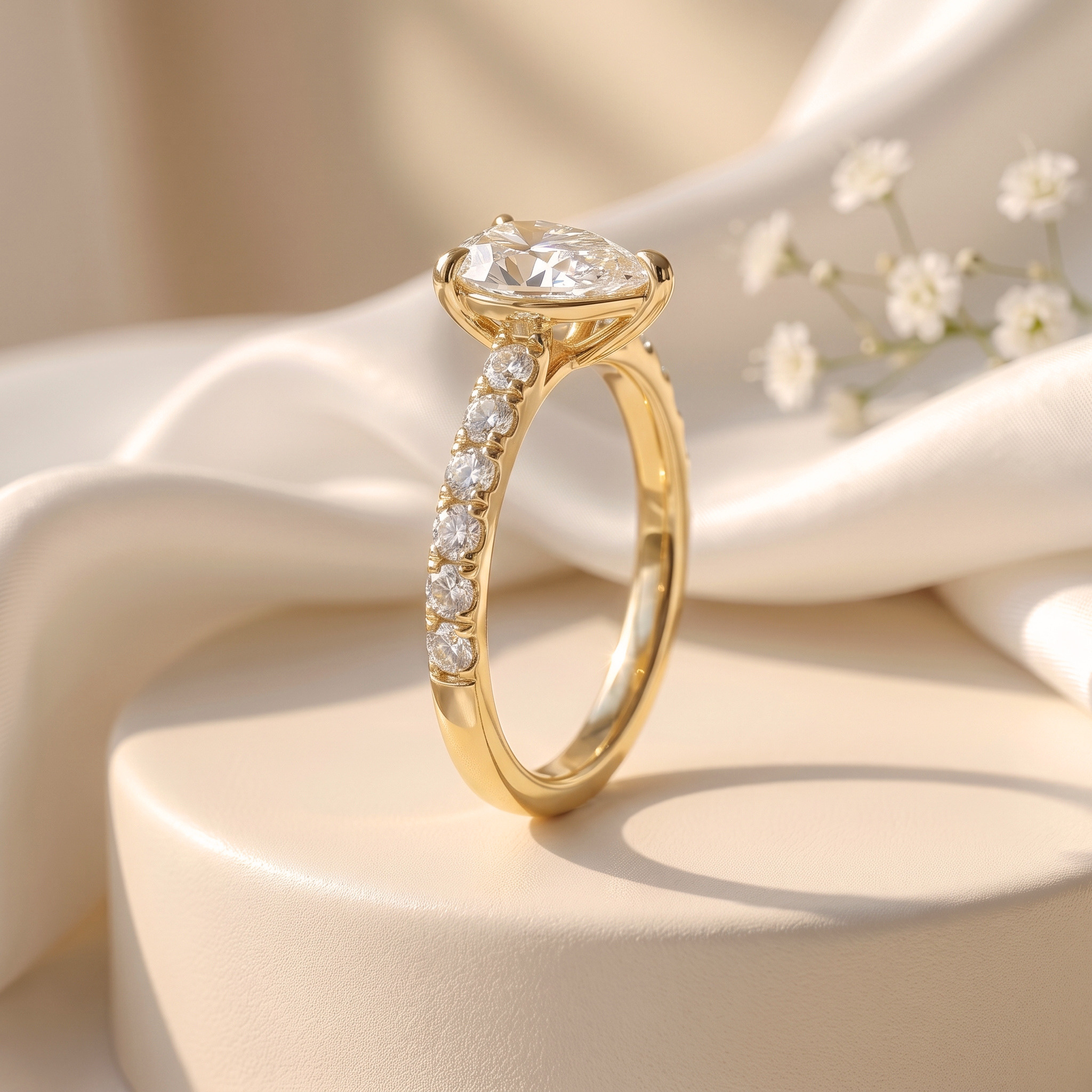 Side view showing the detailed profile and pavé setting of a yellow gold pear-cut moissanite engagement ring.
