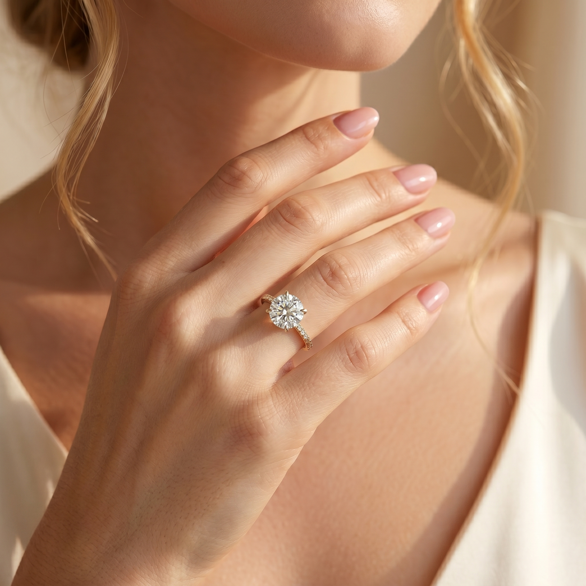 A yellow gold round cut moissanite engagement ring showcased on a model's hand.