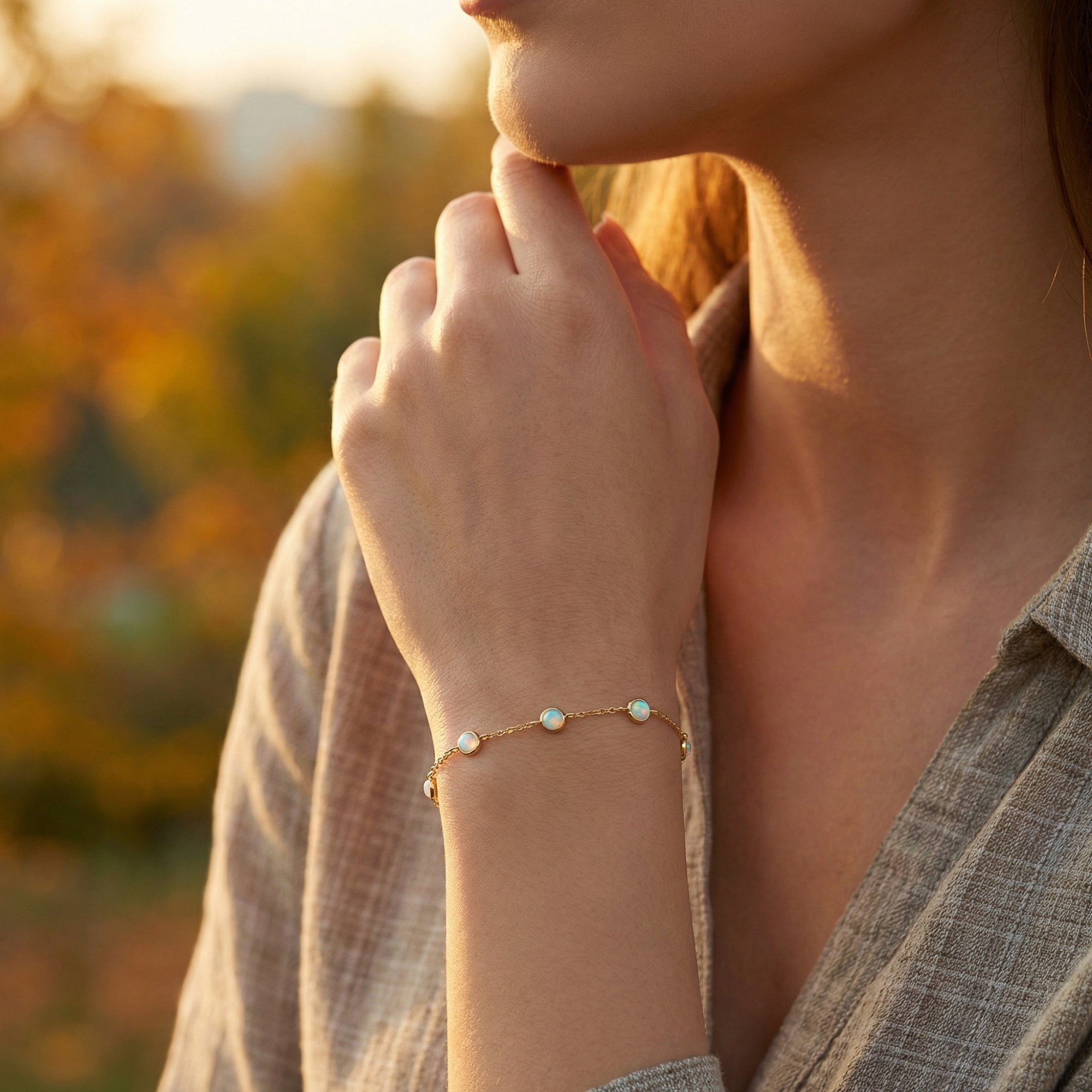 Gold vermeil station bracelet with round cut opals worn on a woman's wrist in warm natural light.