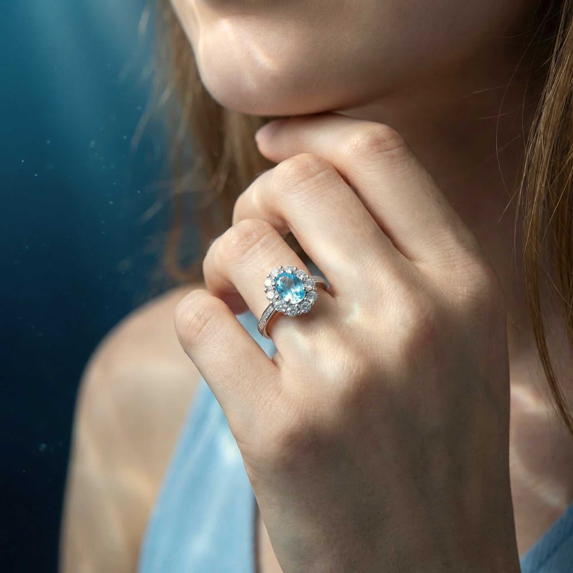 Woman wearing the oval cut aquamarine halo ring in silver on her finger, touching her chin.