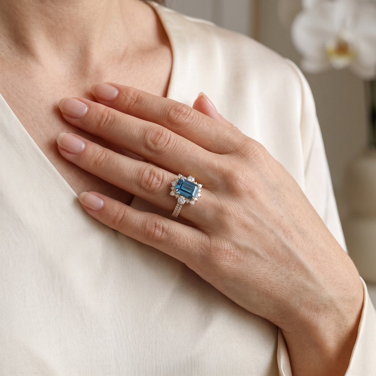Emerald-cut blue moissanite halo ring in rose gold resting on a woman's chest.