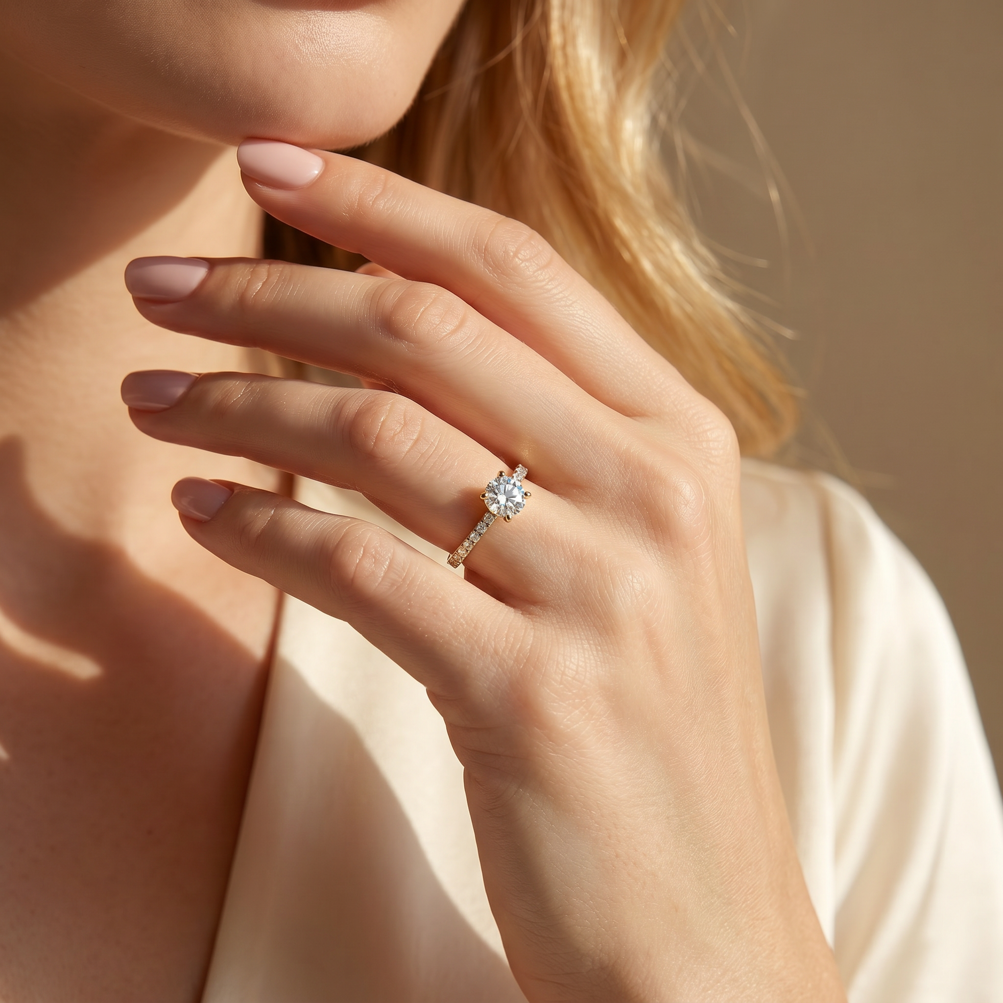 A close-up of a model wearing a brilliant round-cut yellow gold moissanite engagement ring on her ring finger.