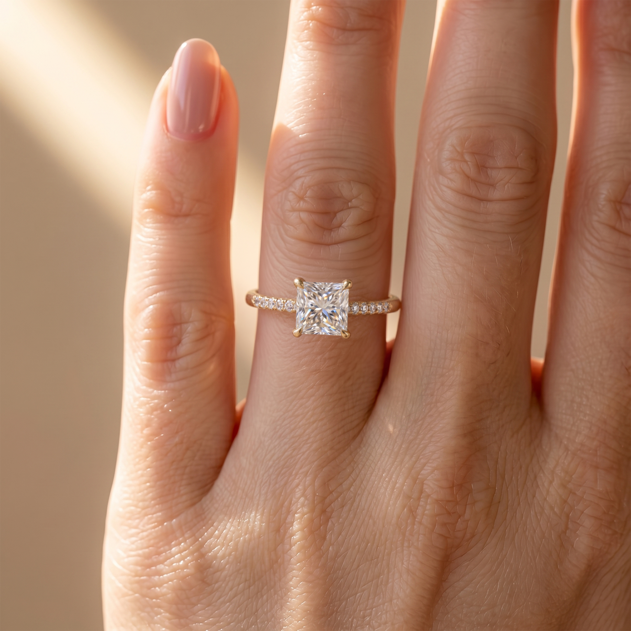 A close-up view of a yellow gold princess cut moissanite engagement ring on a finger with manicured nude nails.