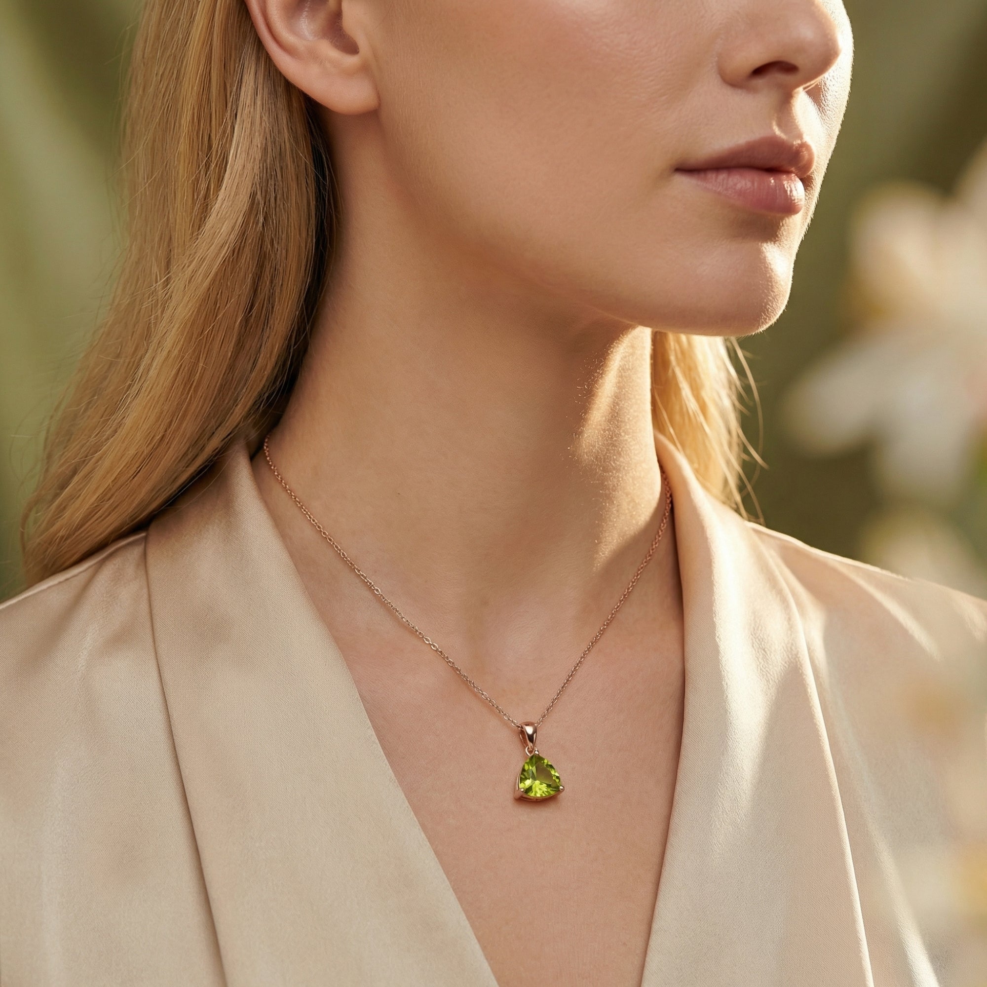 Model wearing the Trillia triangle cut peridot solitaire pendant in 18K rose gold vermeil on a delicate chain.