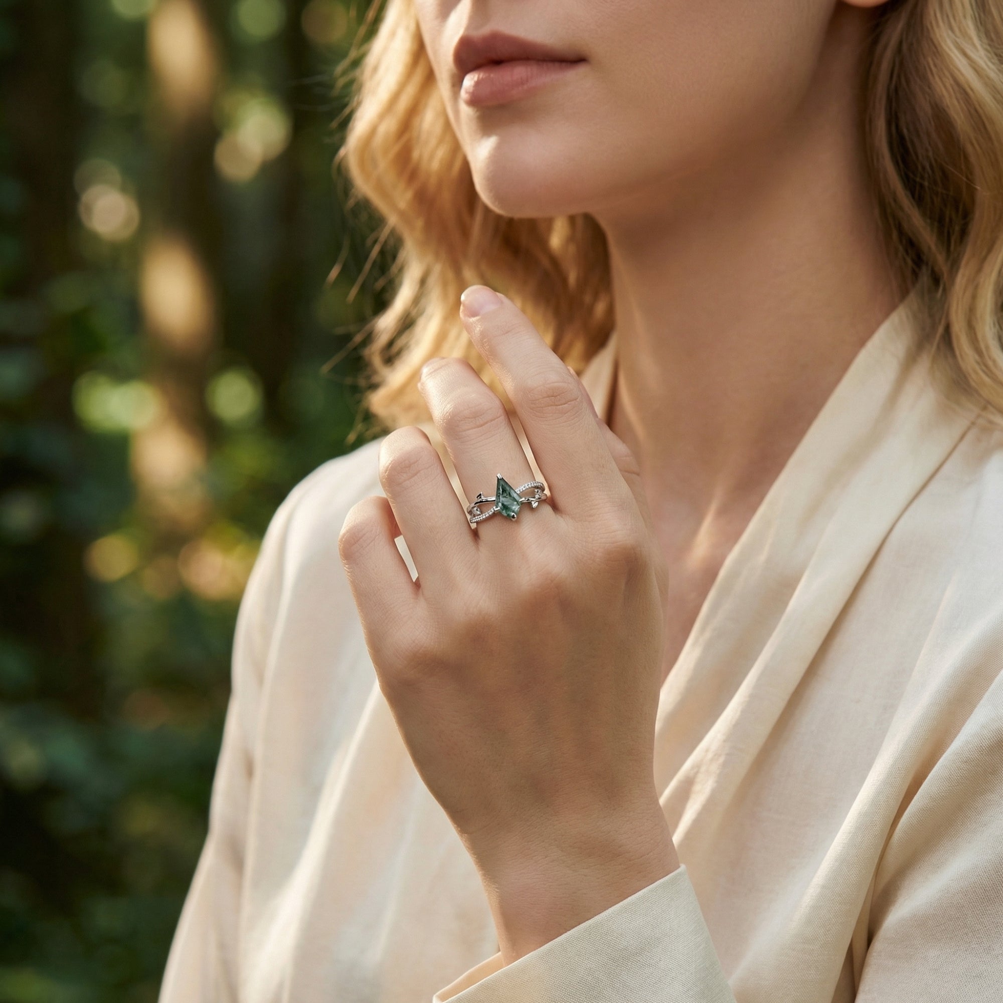 Kite Cut Natural Moss Agate Diamond Embrace Ring - S925 Sterling Silver