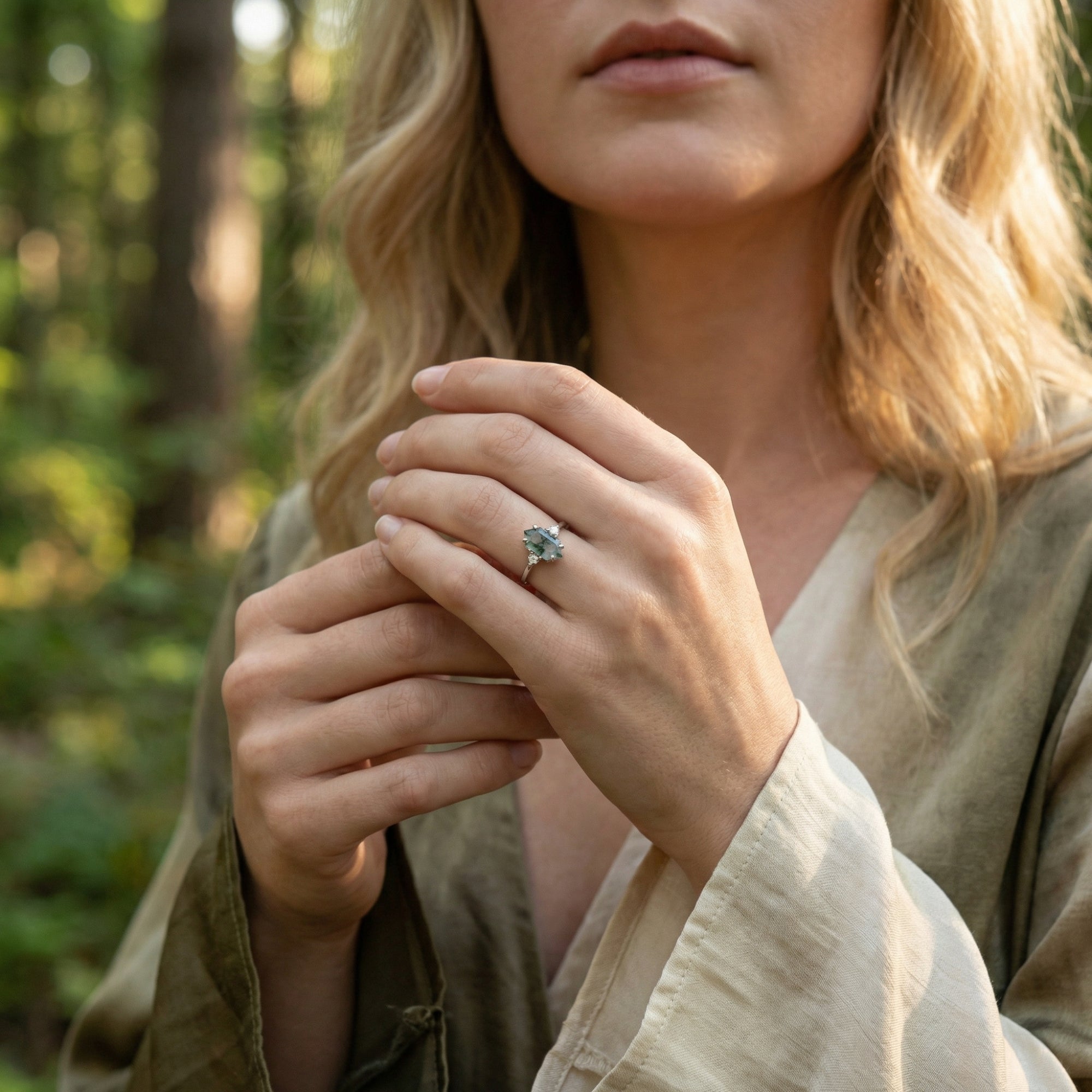 Gemstone Trio Elegance Natural Moss Agate Ring - S925 Sterling Silver