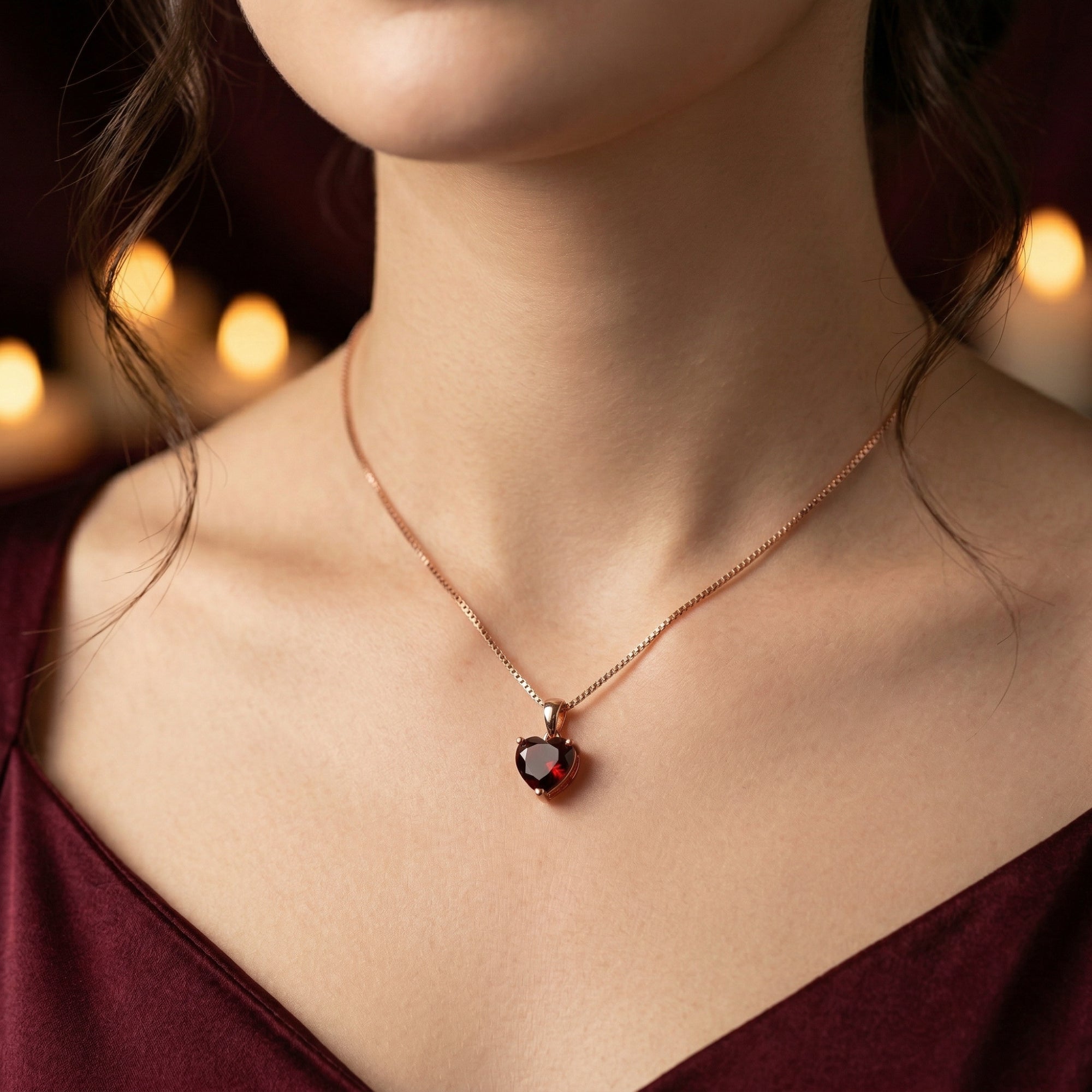 Heart cut garnet necklace in 18K rose gold worn on a model's neck.
