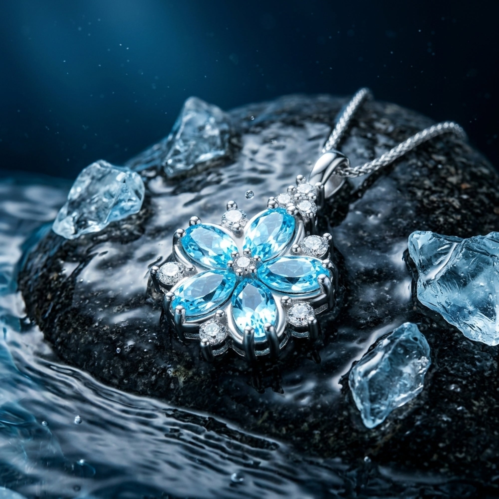 Close-up of the white gold floral pendant with marquise cut aquamarine stones resting on a wet dark stone.