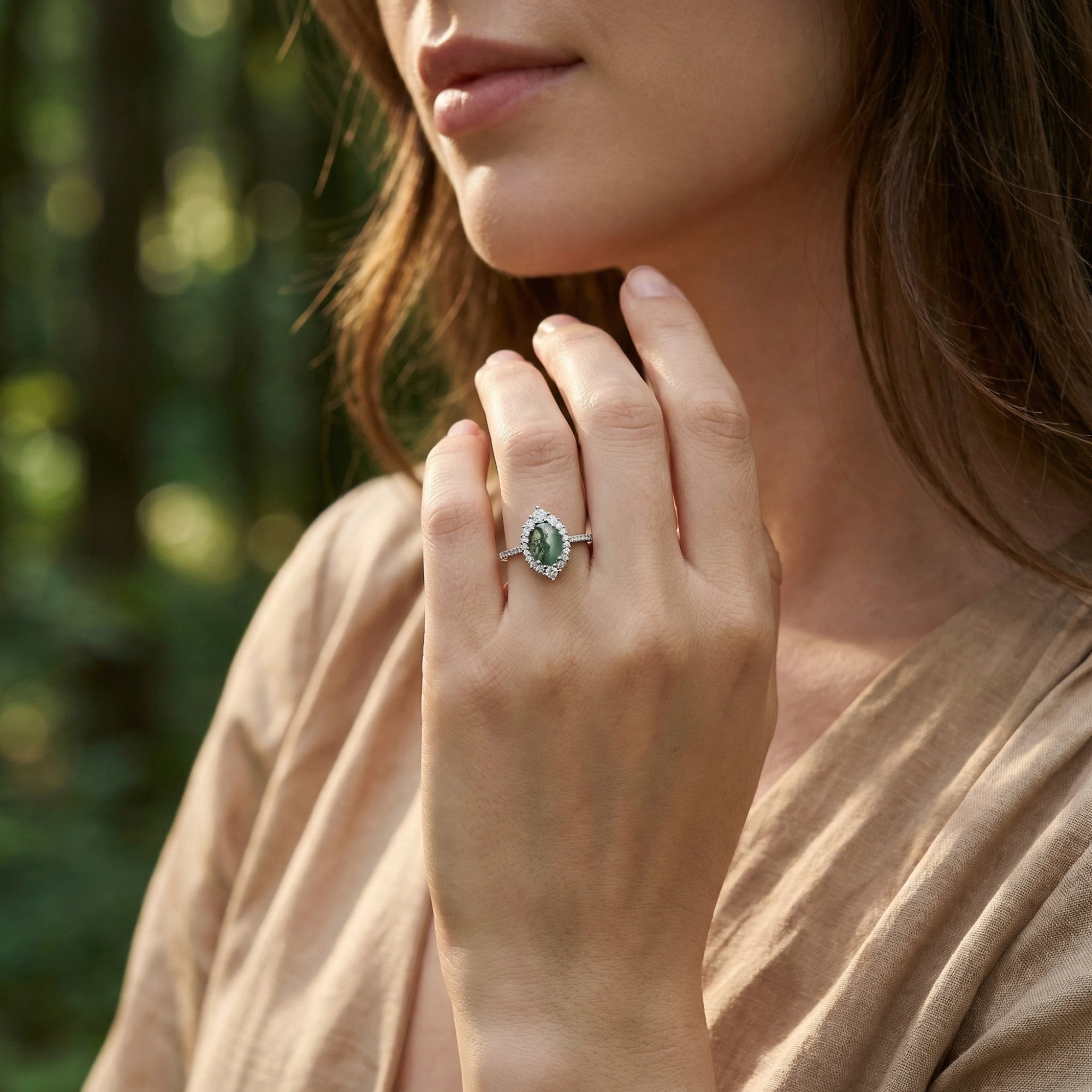 Oval Natural Moss Agate Halo Ring - S925 Sterling Silver