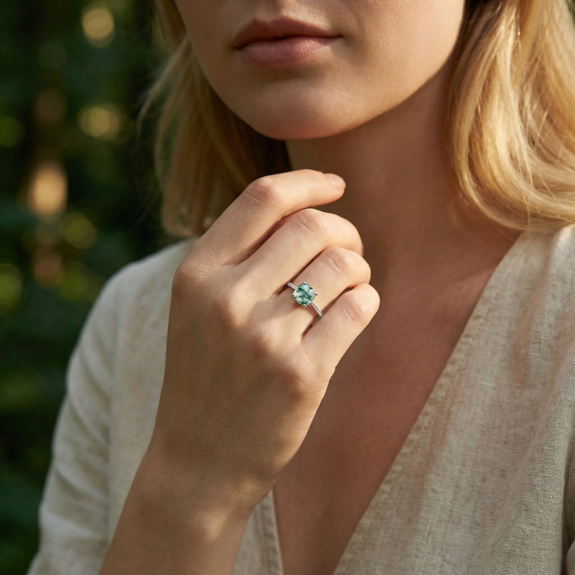 Cushion Cut Natural Moss Agate Pavé Ring - S925 Sterling Silver