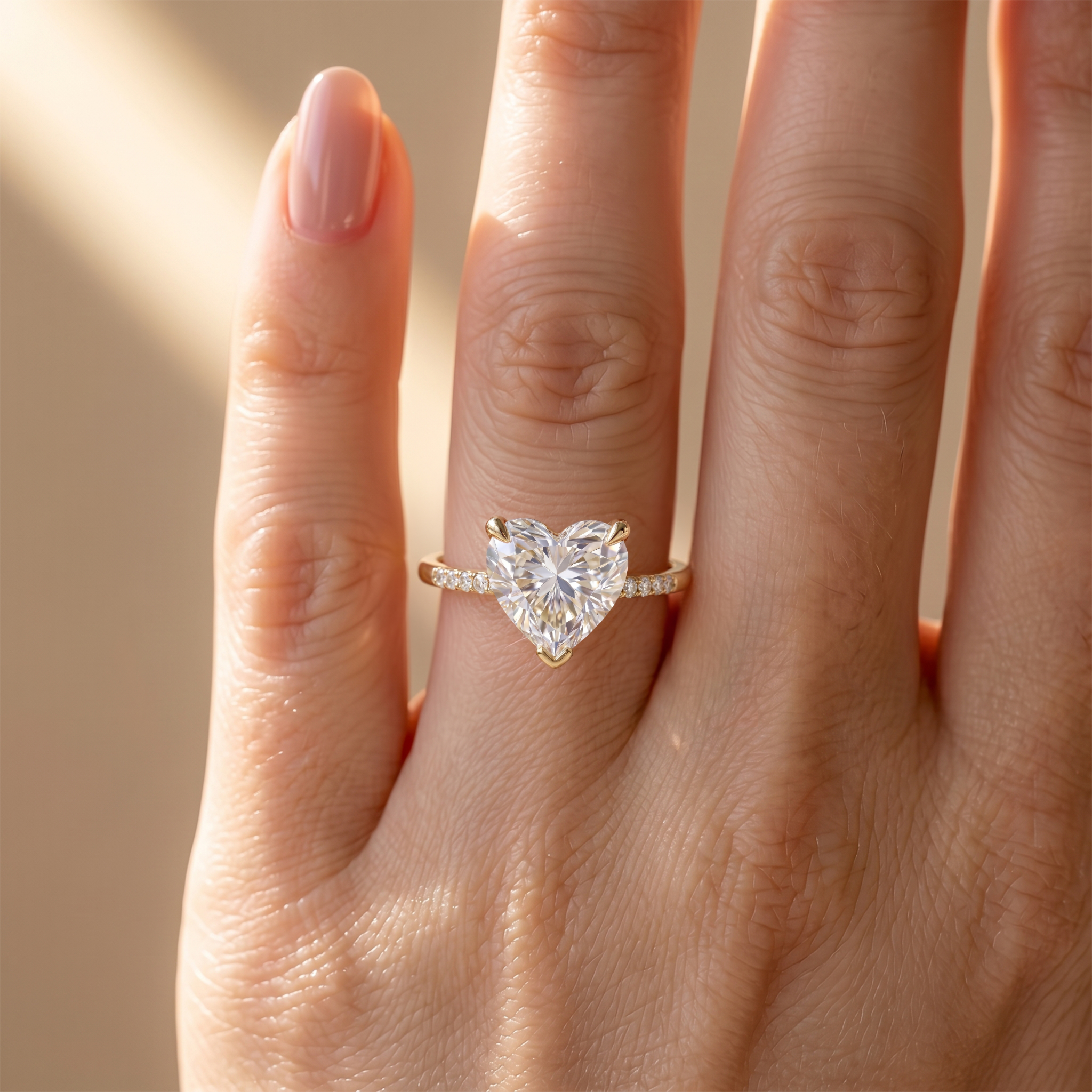 Close-up of a yellow gold heart-shaped moissanite engagement ring worn on a woman's hand.