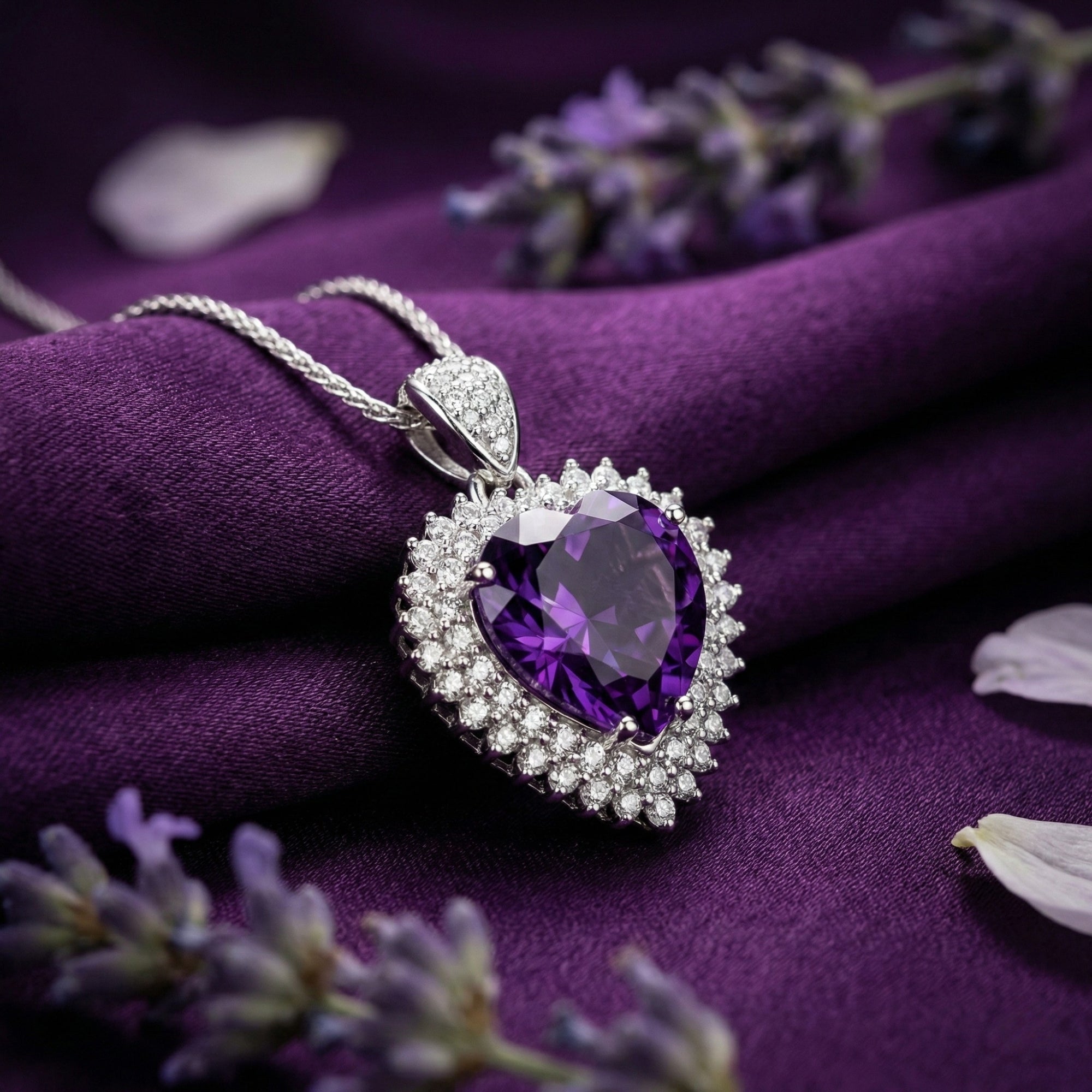 Macro detail of the heart cut amethyst and sterling silver halo setting on purple fabric.