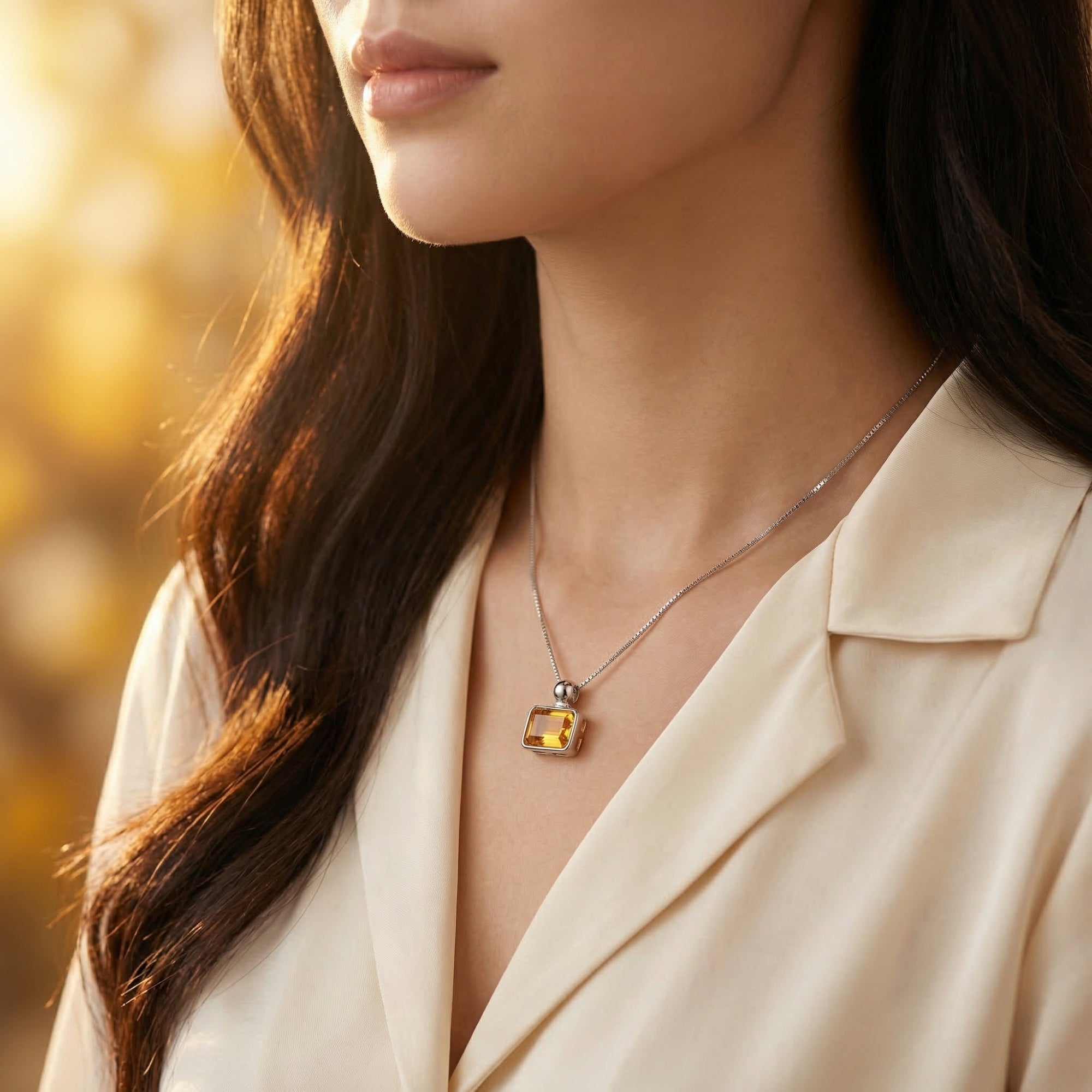 Woman wearing the Solaris emerald cut citrine pendant necklace in silver against a warm, sunlit background.