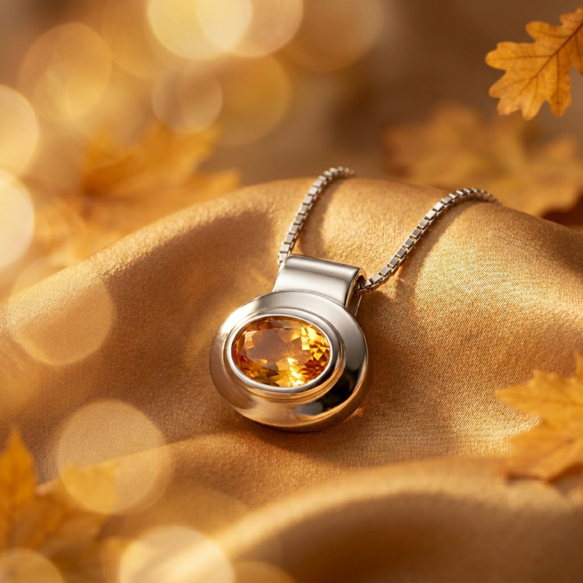 Macro detail of an oval-cut natural citrine set in a polished silver pendant on golden silk.