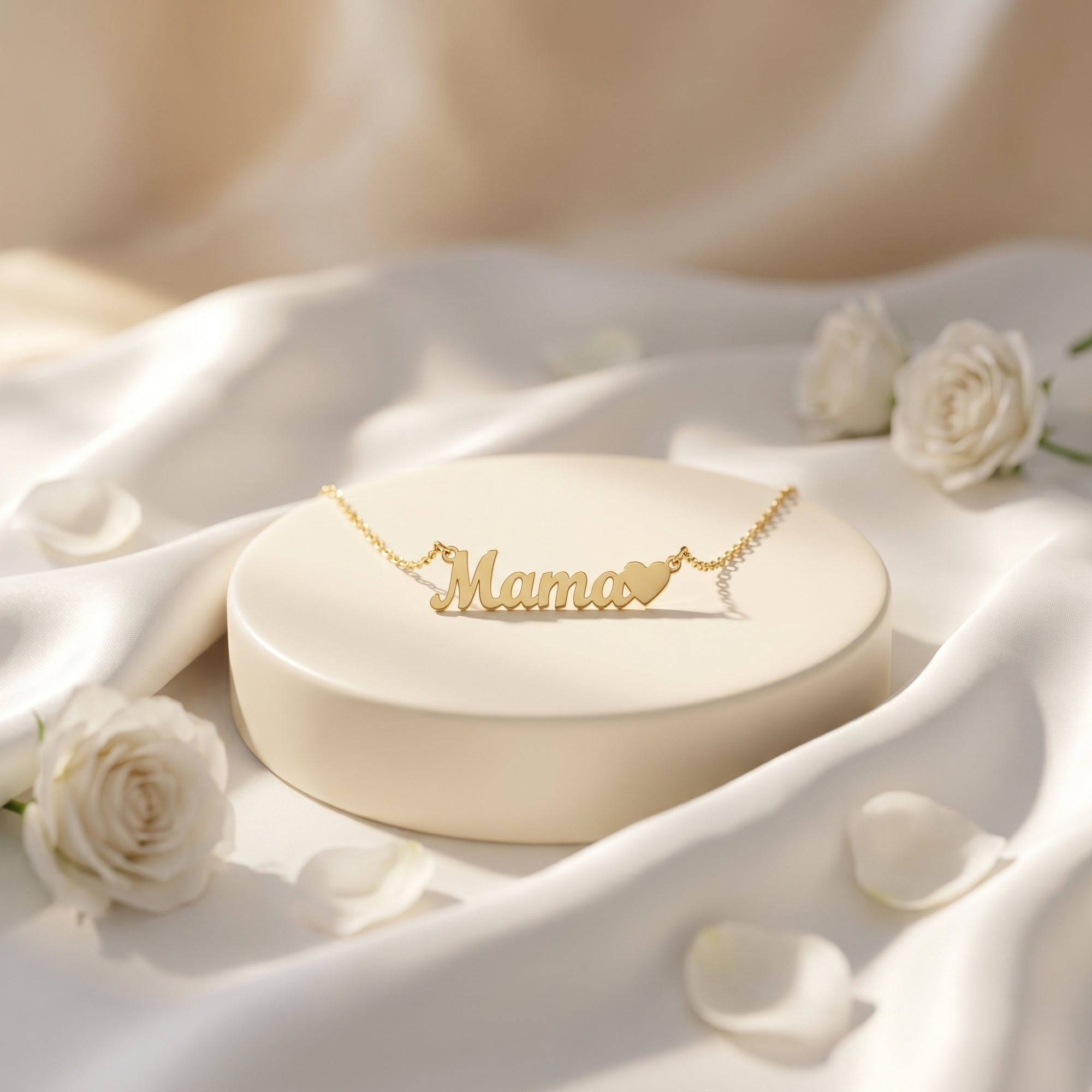 18K gold finish Mama script necklace with heart resting on a pedestal among white roses and silk fabric.