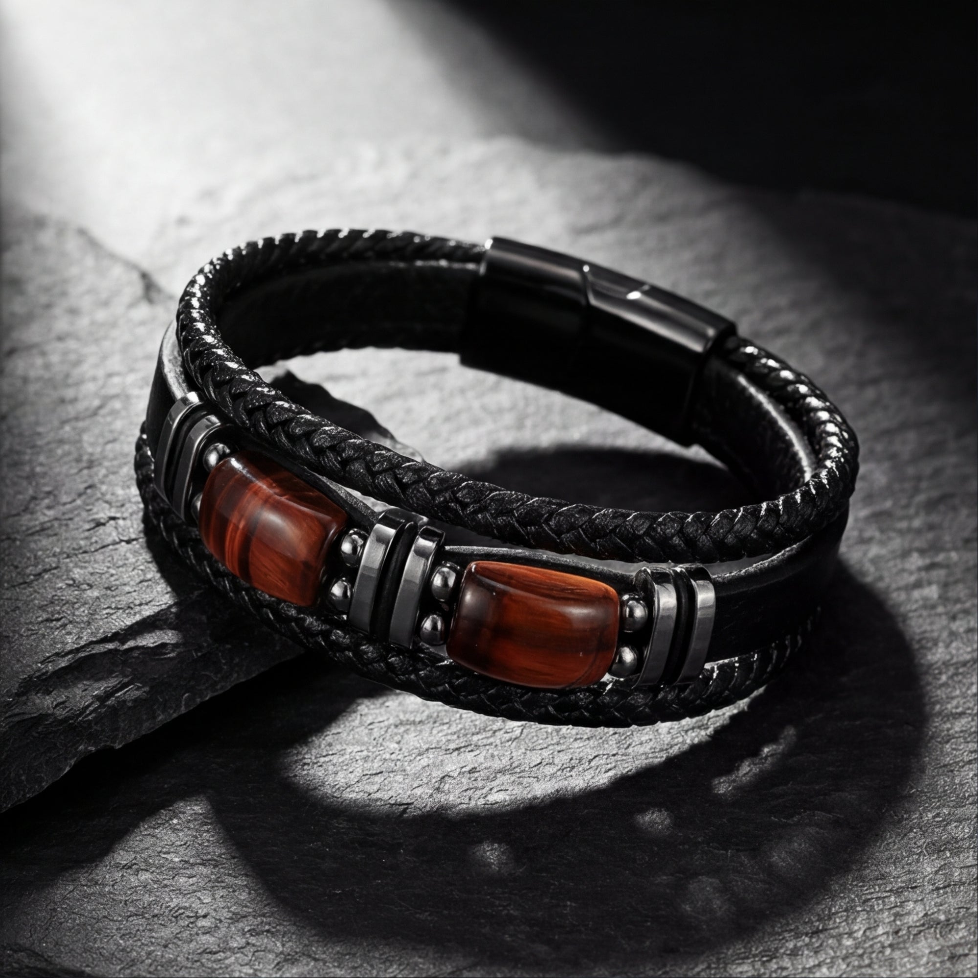 Macro view of red-toned accents and black stainless steel hardware on a multi-layer black braided leather bracelet.