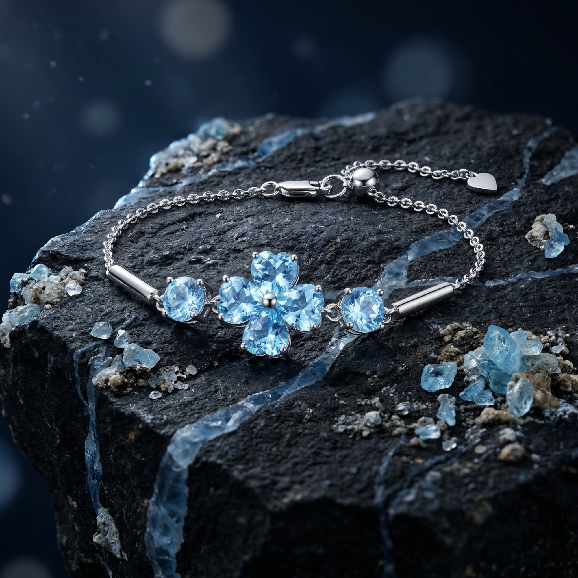 Top view of the silver Swiss blue topaz clover bracelet with heart and round cuts on a dark rock.