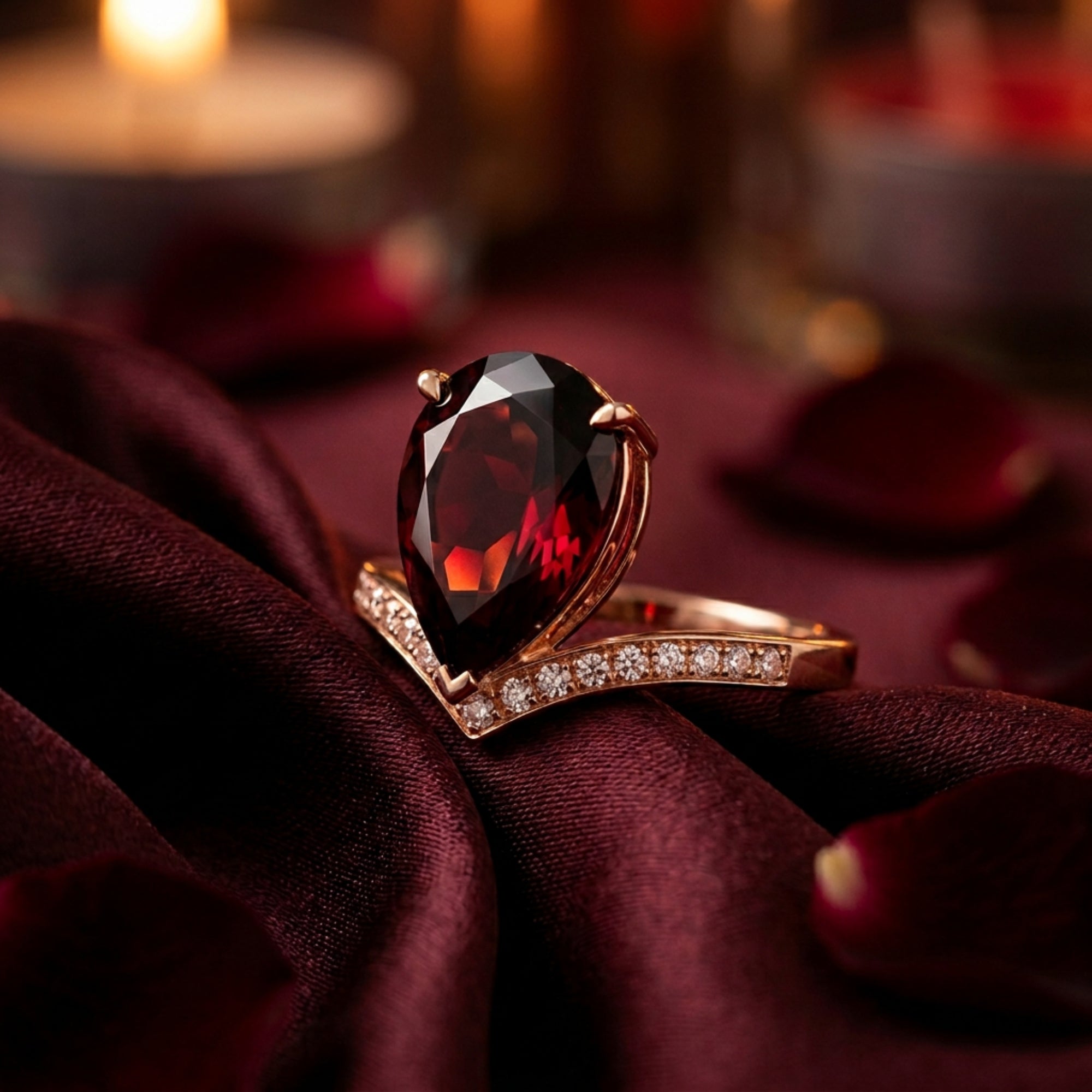 Close-up of a 3.4-carat pear cut garnet ring in 18K rose gold, highlighting the gemstone facets and chevron setting.