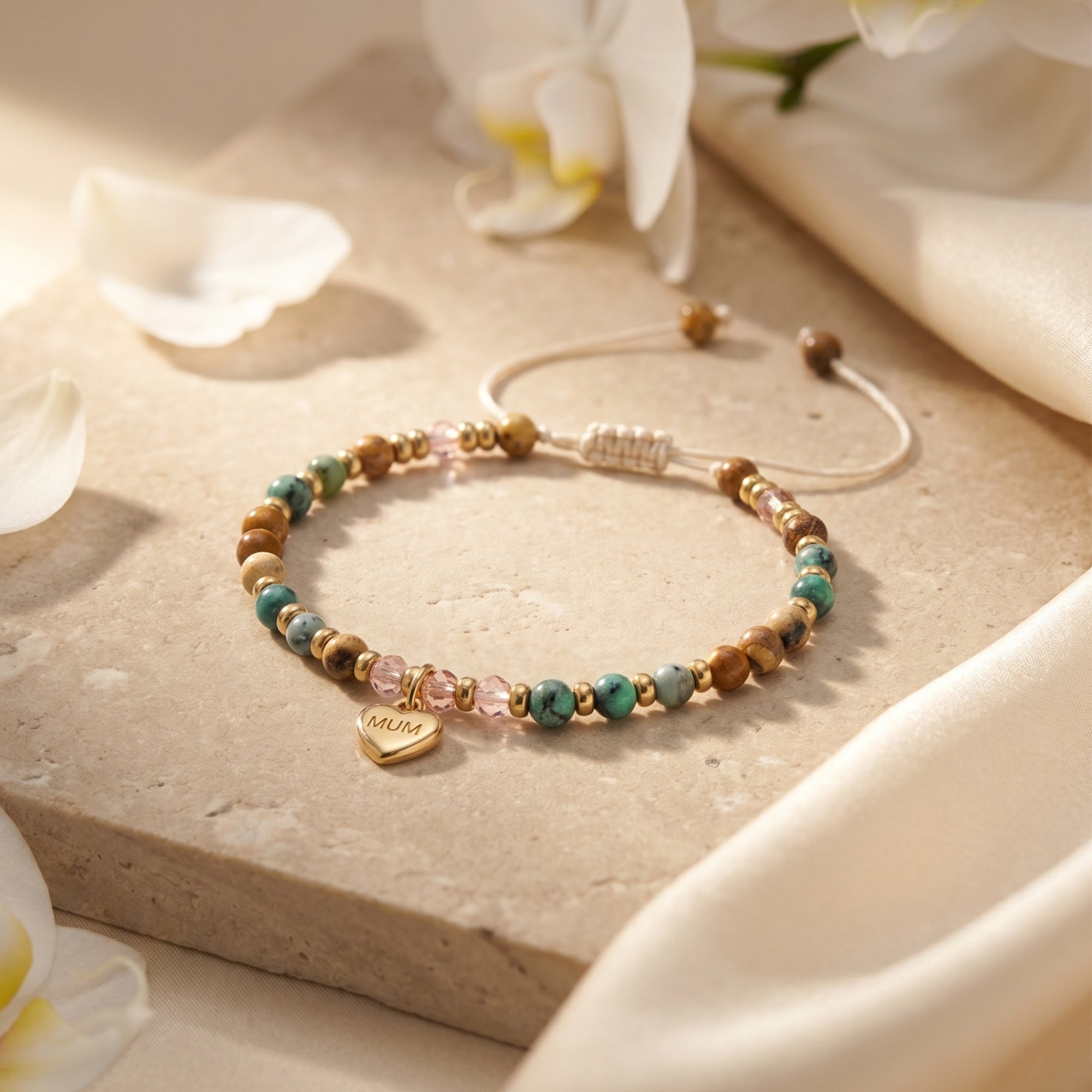 Beaded gold MUM charm bracelet with pink crystals in a styled setting.