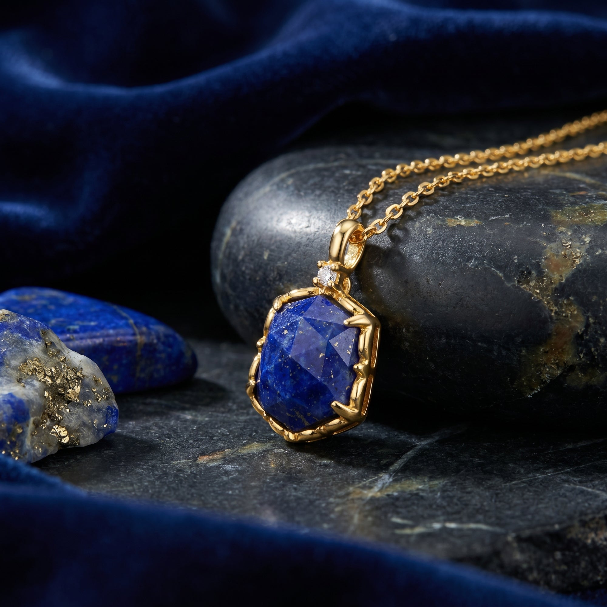 Close-up of a gold hexagon cut lapis lazuli pendant on a dark rock showing the faceted stone.