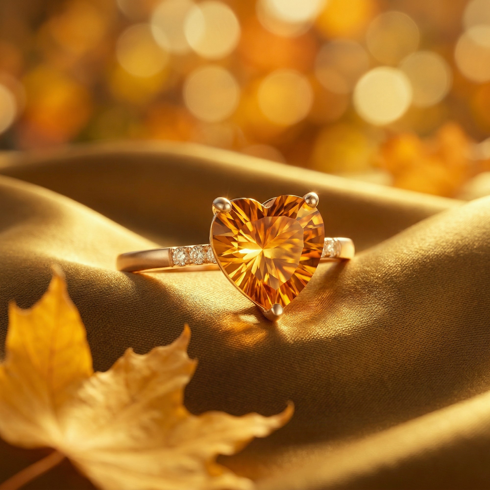 Close-up of a heart cut natural citrine gemstone set in an 18K yellow gold ring with diamond accents.