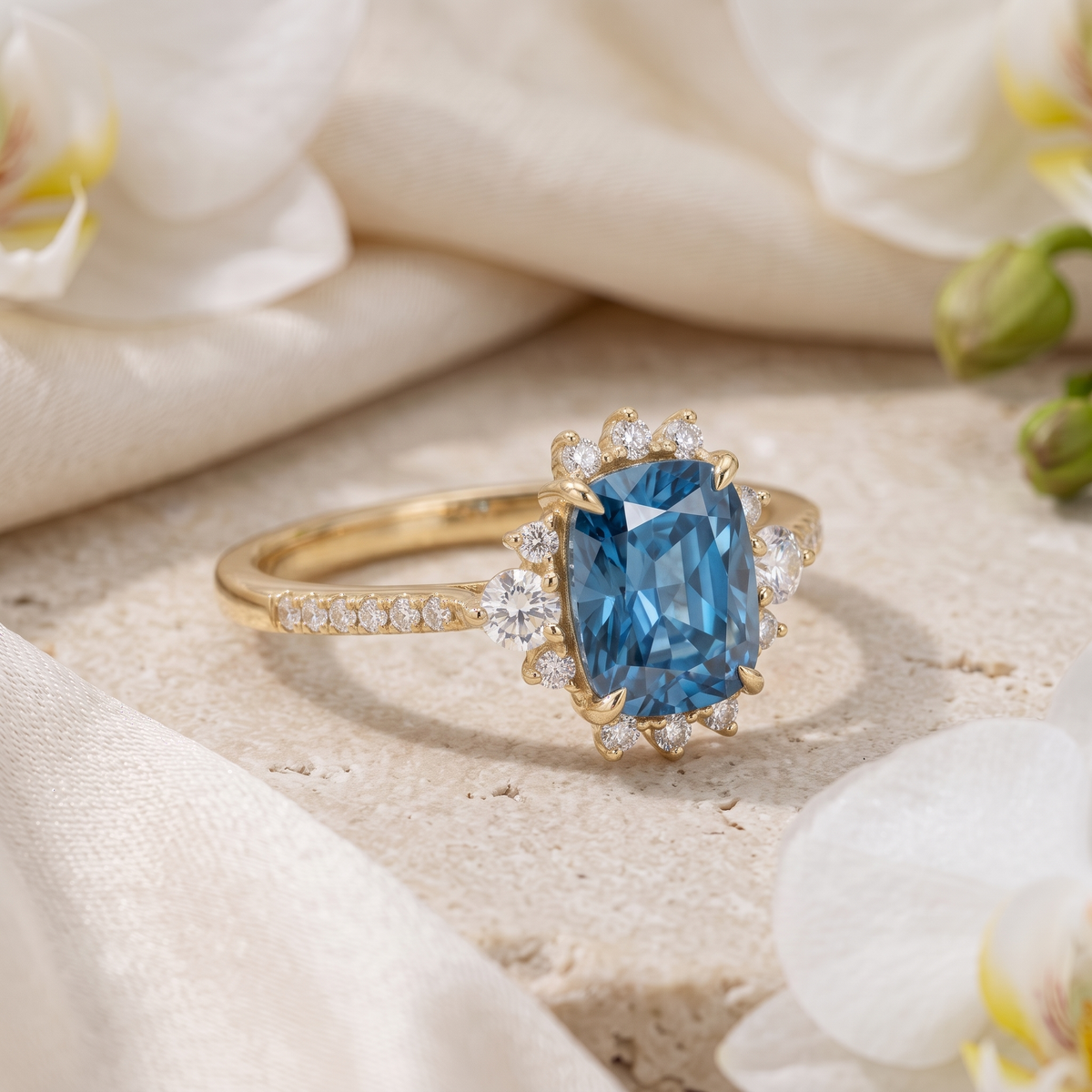 Side perspective view of a yellow gold cushion-cut blue moissanite ring with diamond accents on a textured stone surface.