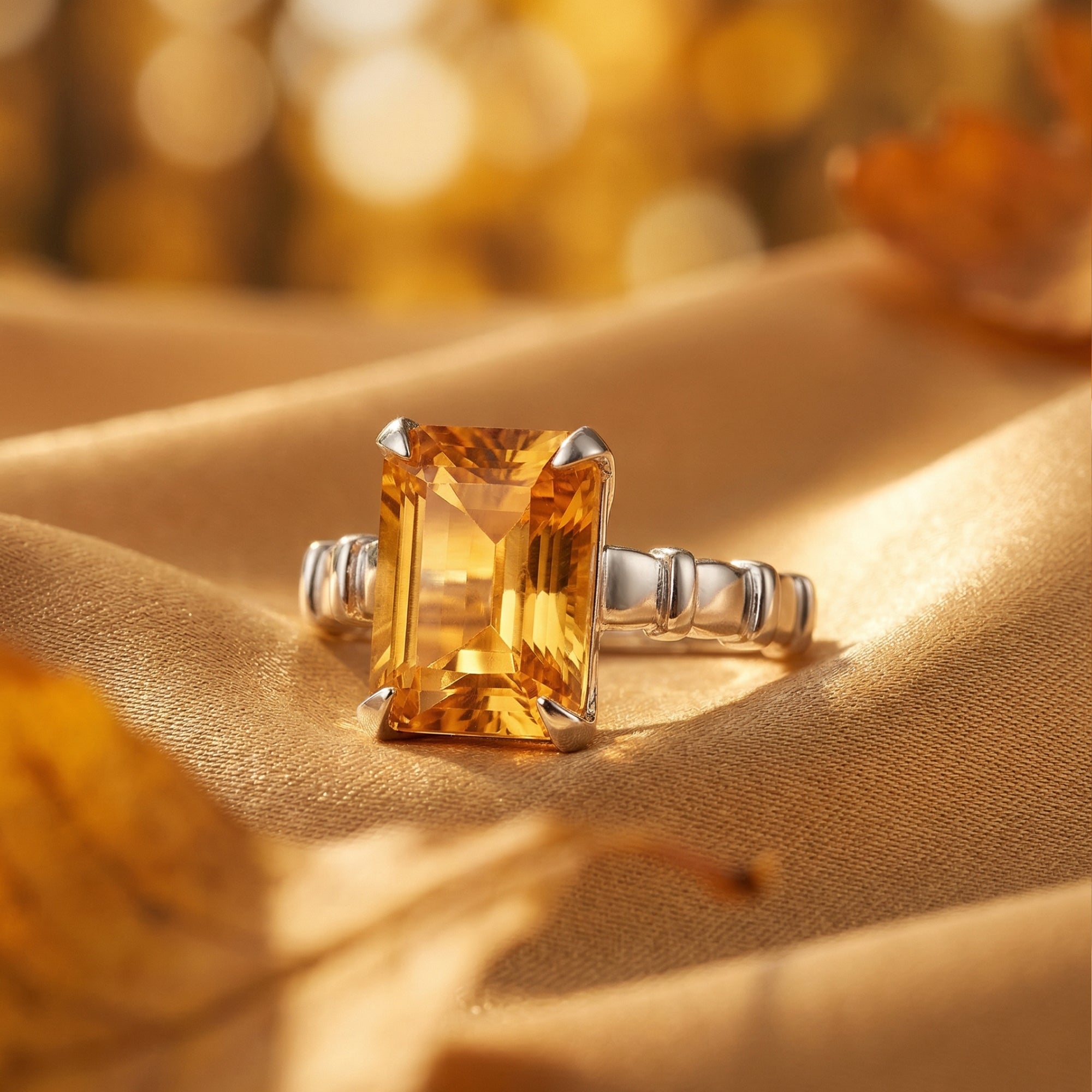 Macro view of a 10x12mm emerald cut natural citrine ring with a silver band on gold fabric.