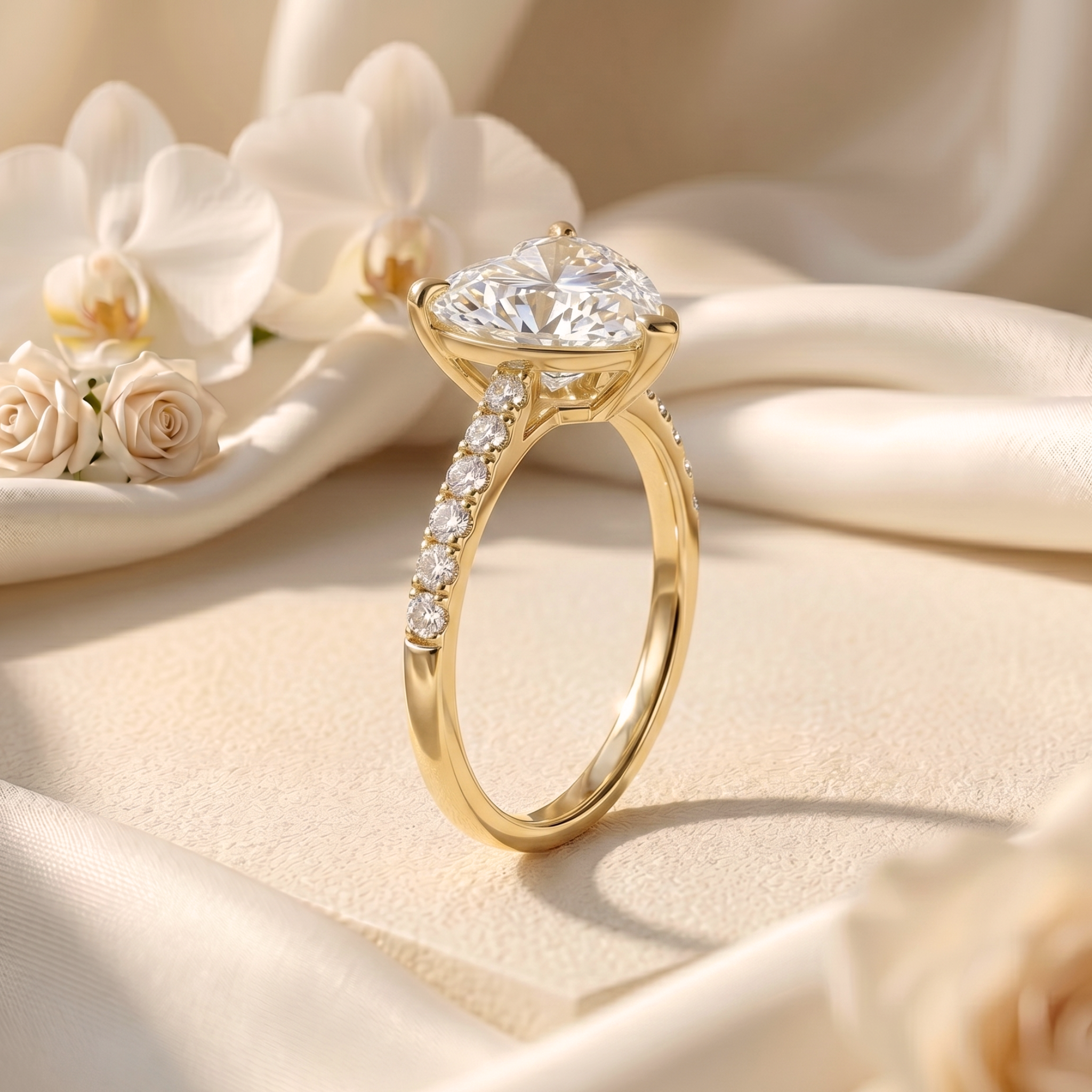 A profile view of a yellow gold heart-cut moissanite ring highlighting its diamond-paved band and prong setting.
