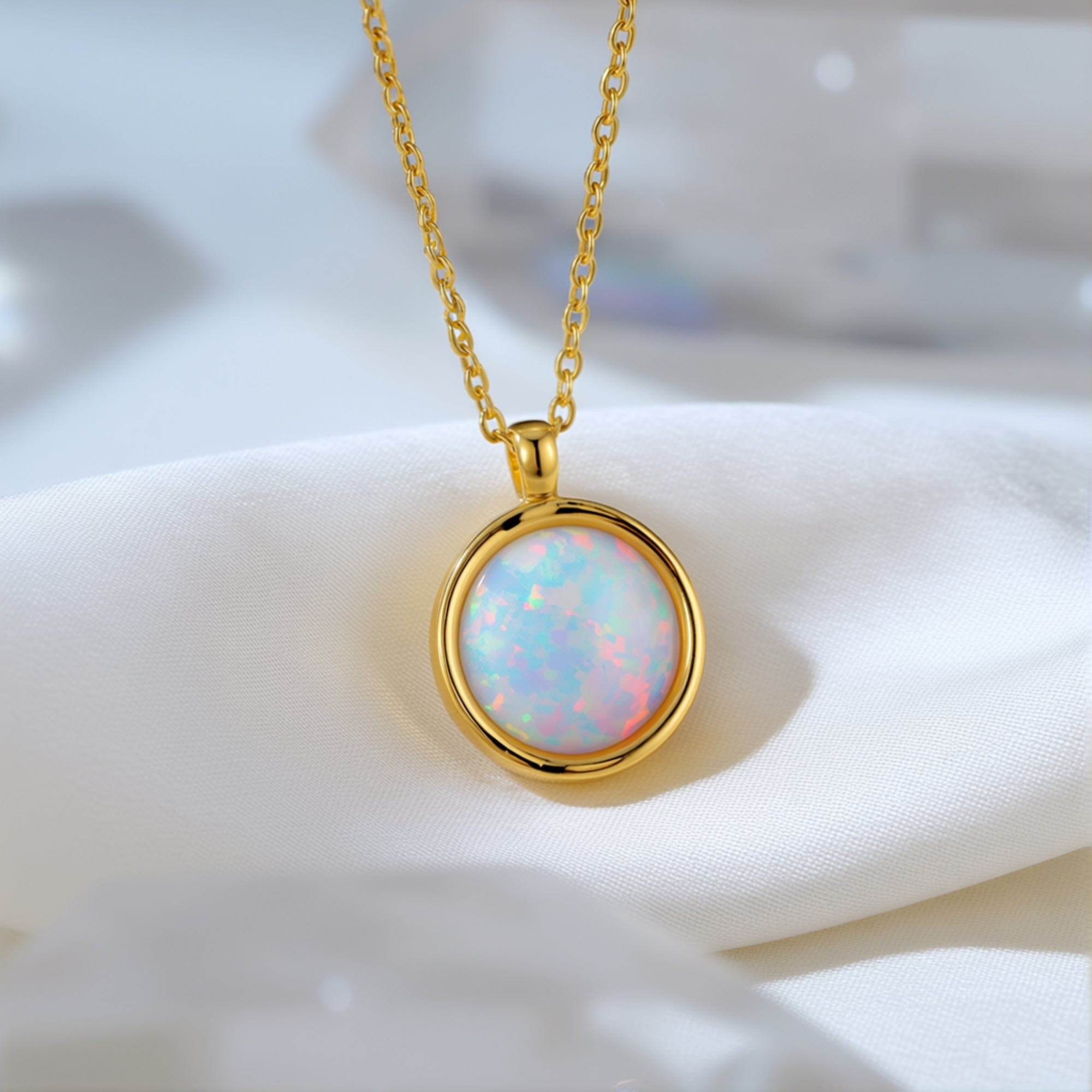 Close-up of a round cut white opal pendant in a gold finish setting on white fabric.