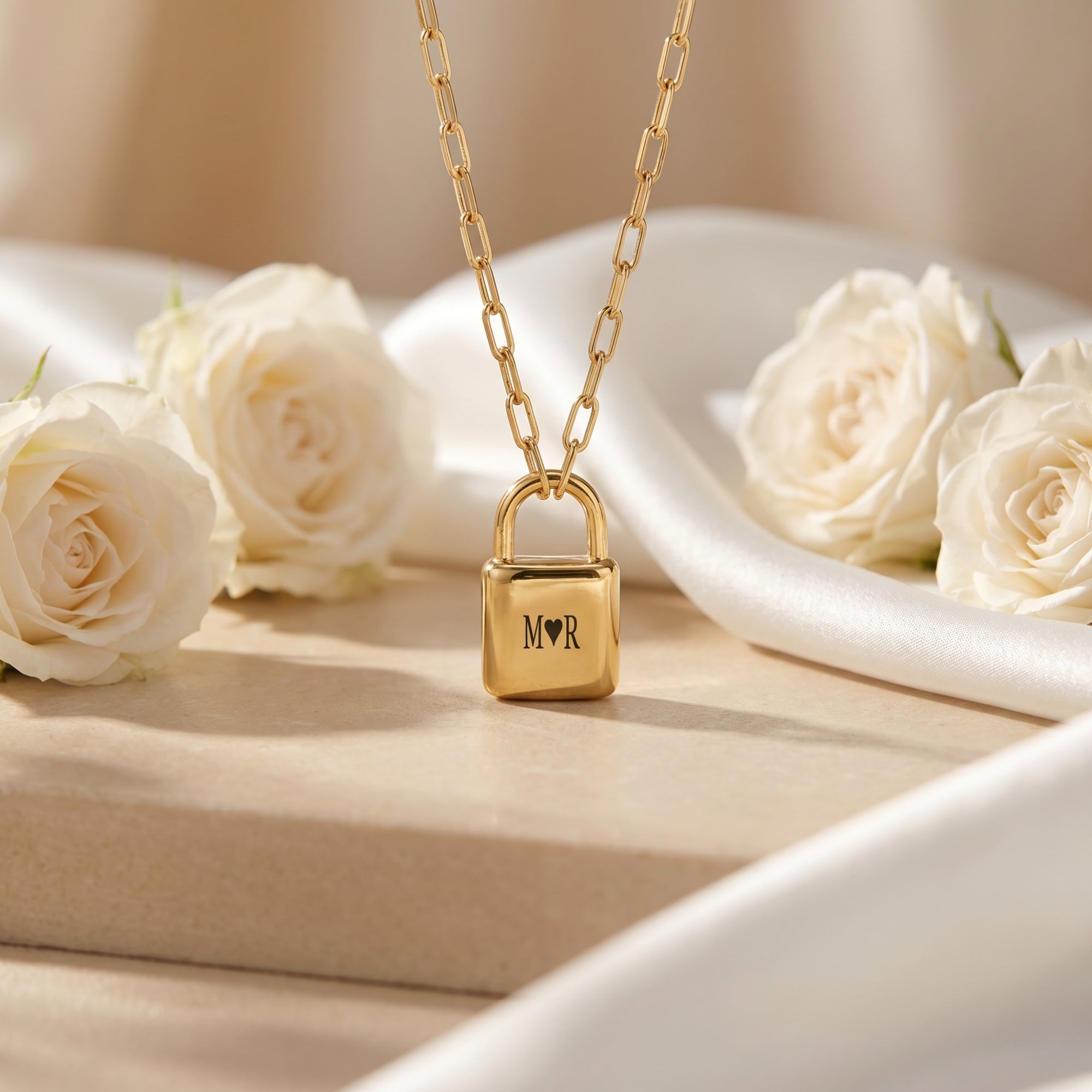 Macro view of a gold padlock pendant with 'M heart R' engraving and paperclip chain.
