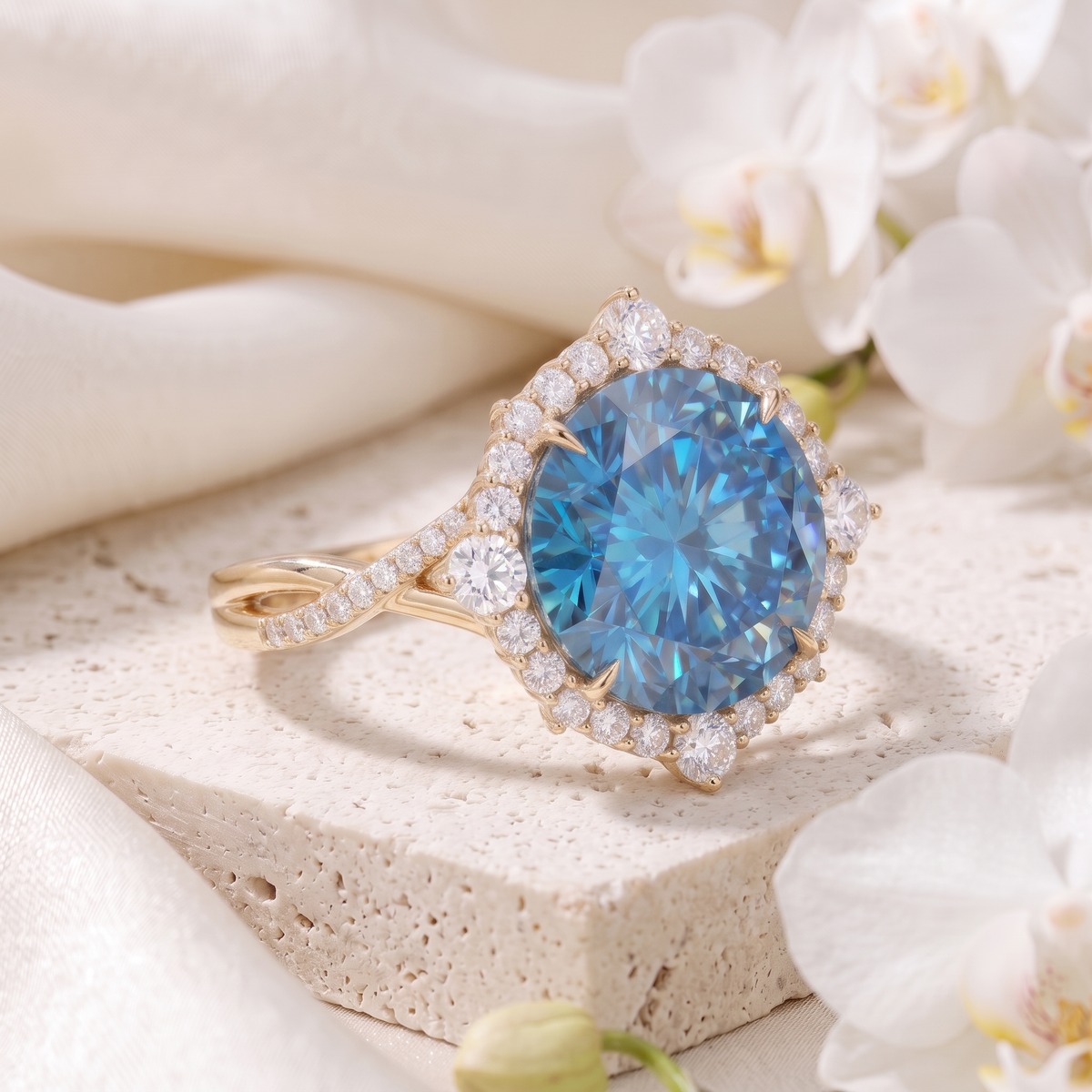 Side view of the yellow gold blue moissanite halo ring resting on a stone block.