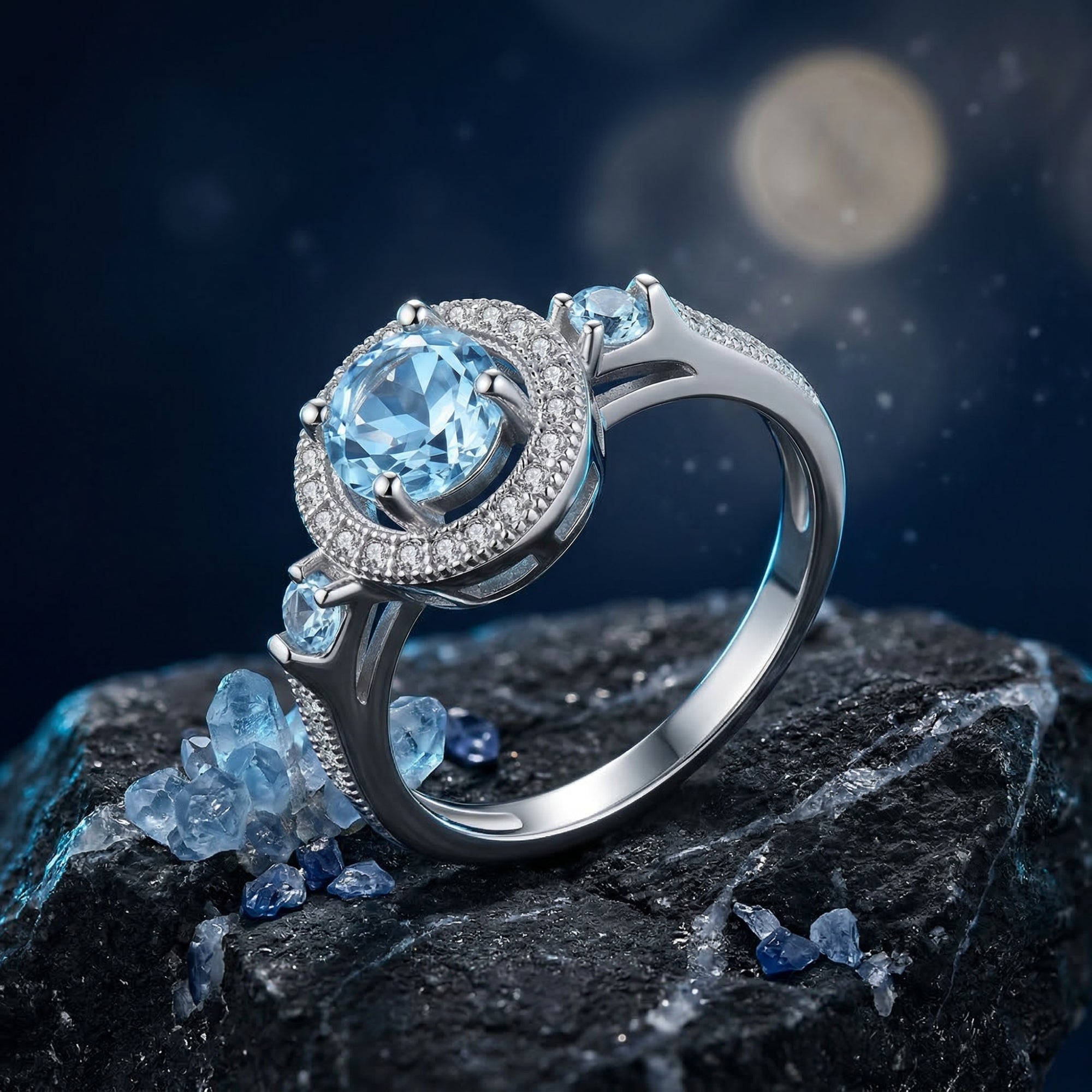 Close-up profile of a round cut blue topaz ring in sterling silver, showing the halo and side stone accents.