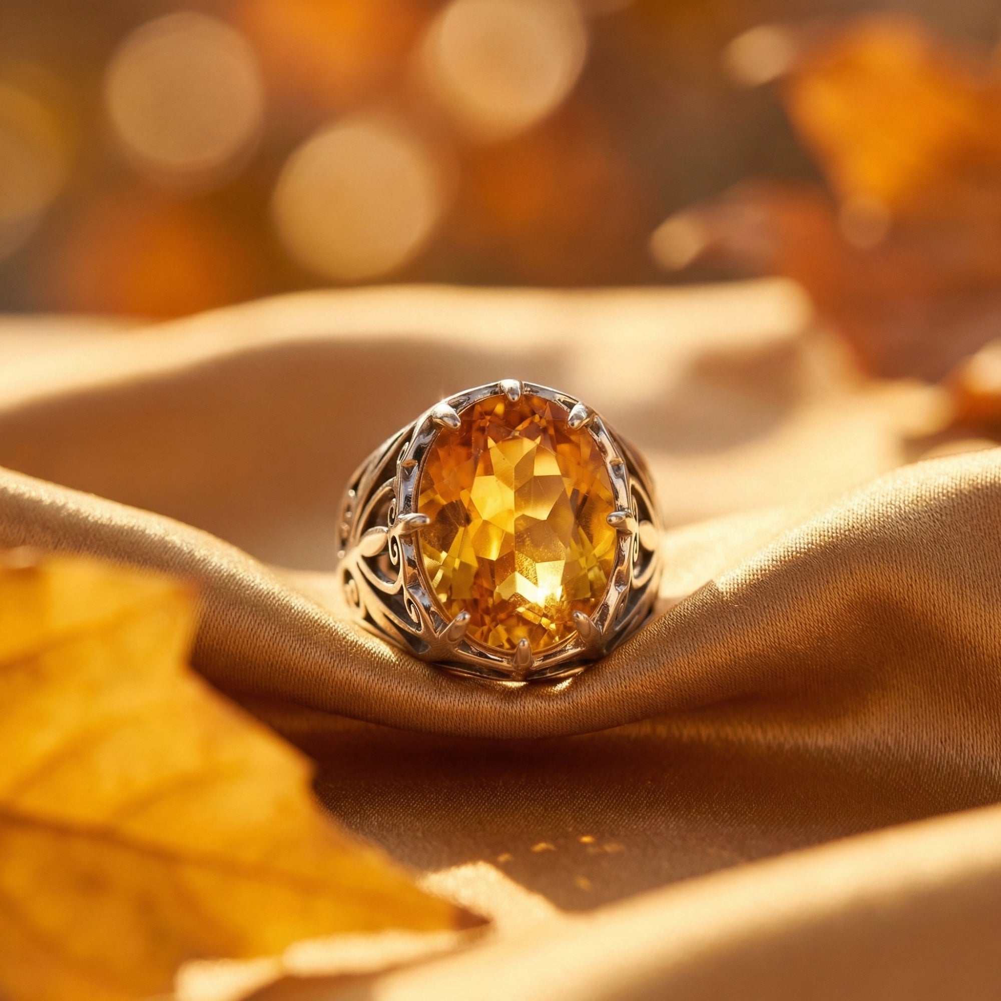 Close-up of the Solarielle sterling silver ring's faceted oval natural citrine stone and ornate filigree setting.