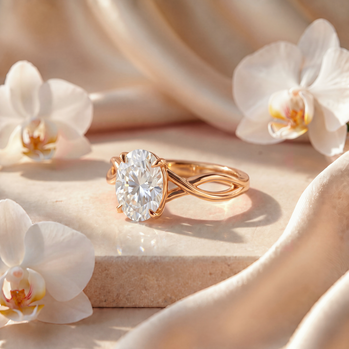 Angled view showcasing the side profile and twisted yellow gold band of an oval moissanite ring.
