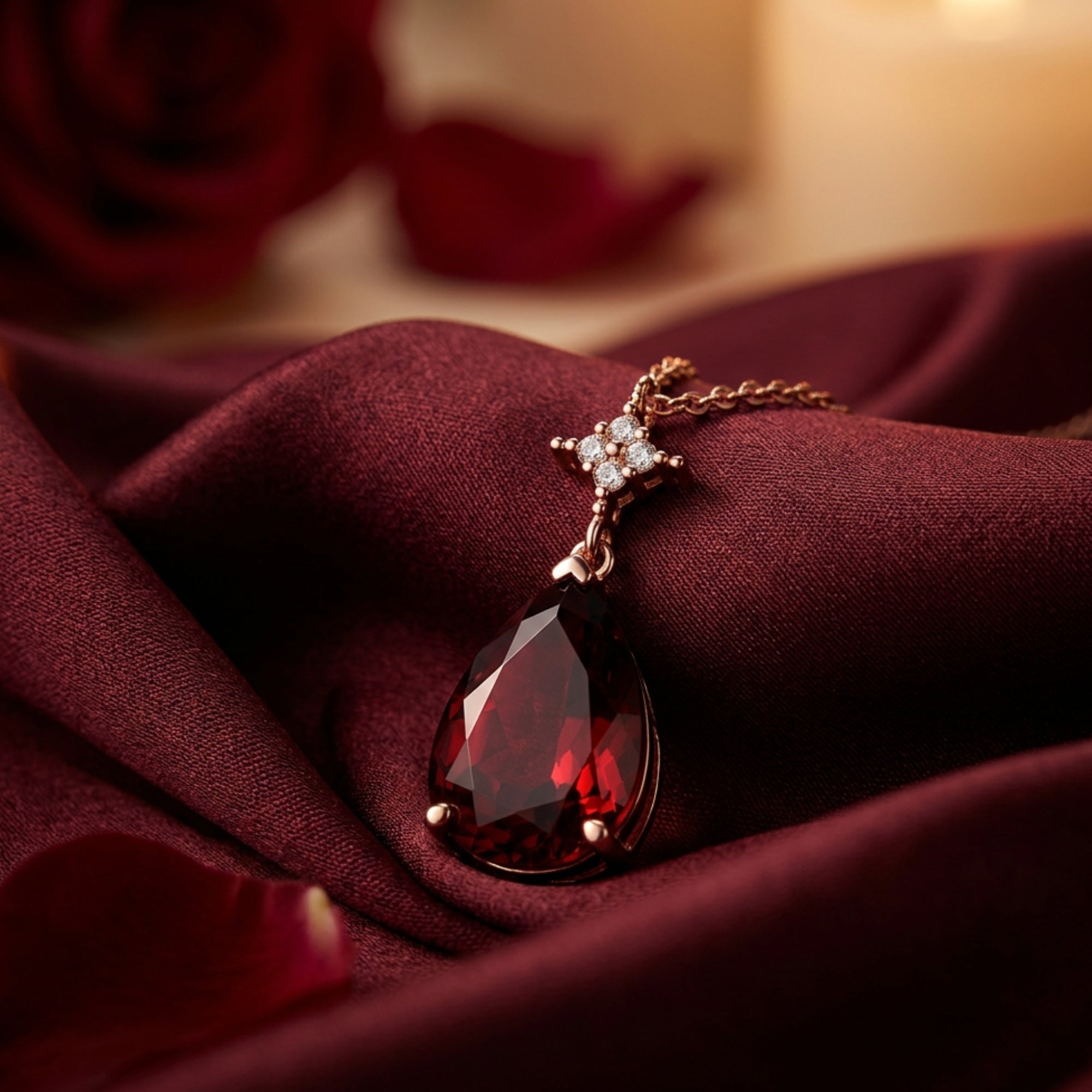 Macro detail of a 3.4CT pear-cut natural garnet stone and rose gold setting resting on dark red silk.