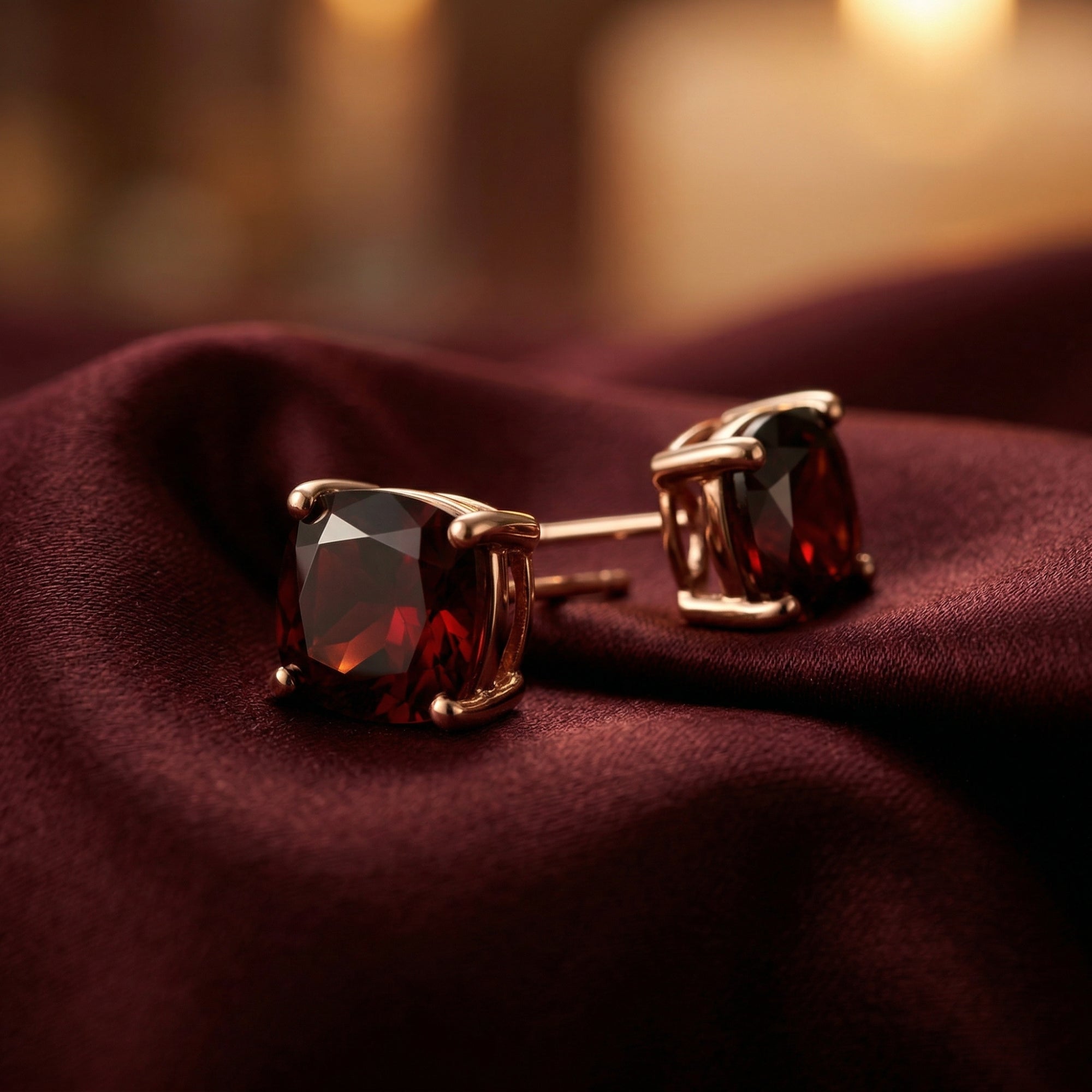 Macro view of the cushion cut red garnet and 18K rose gold prongs on a stud earring.