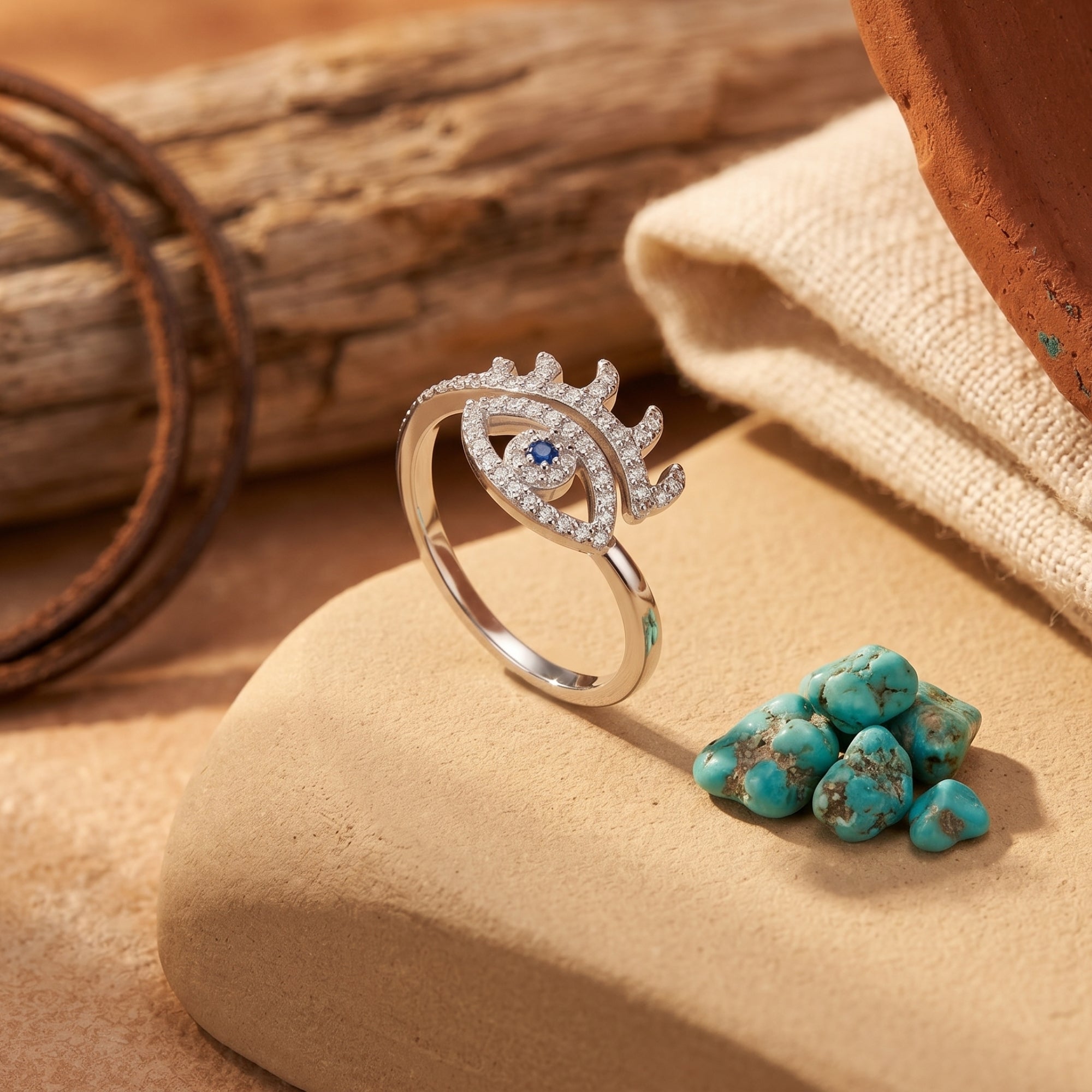 Close-up of the silver eye-shaped ring with a blue center stone next to raw turquoise nuggets on a stone.