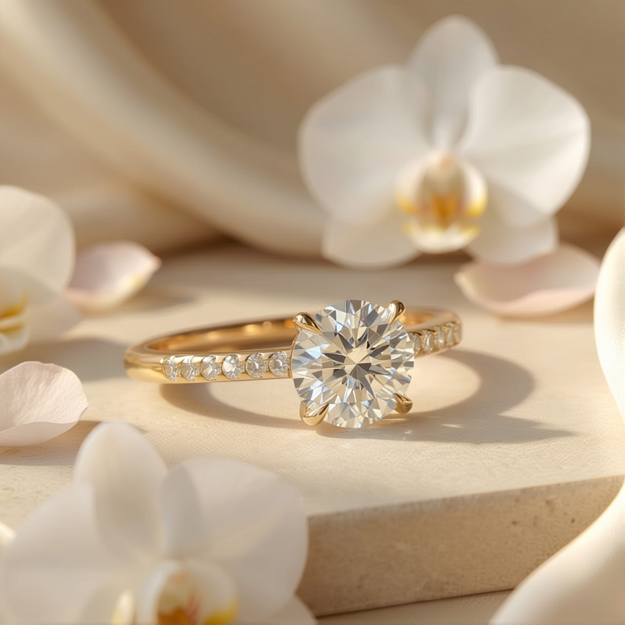 A beautiful round brilliant cut moissanite solitaire ring in yellow gold with a pavé band, resting on a stone surface.