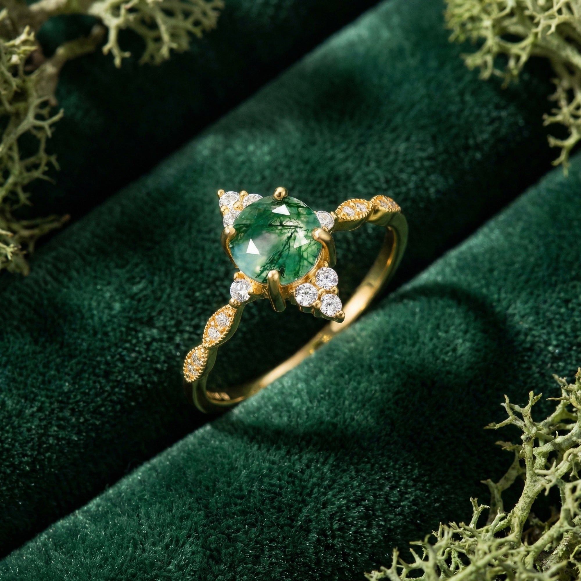 Macro view of the round moss agate stone and intricate gold sunburst setting with sparkling accent stones.