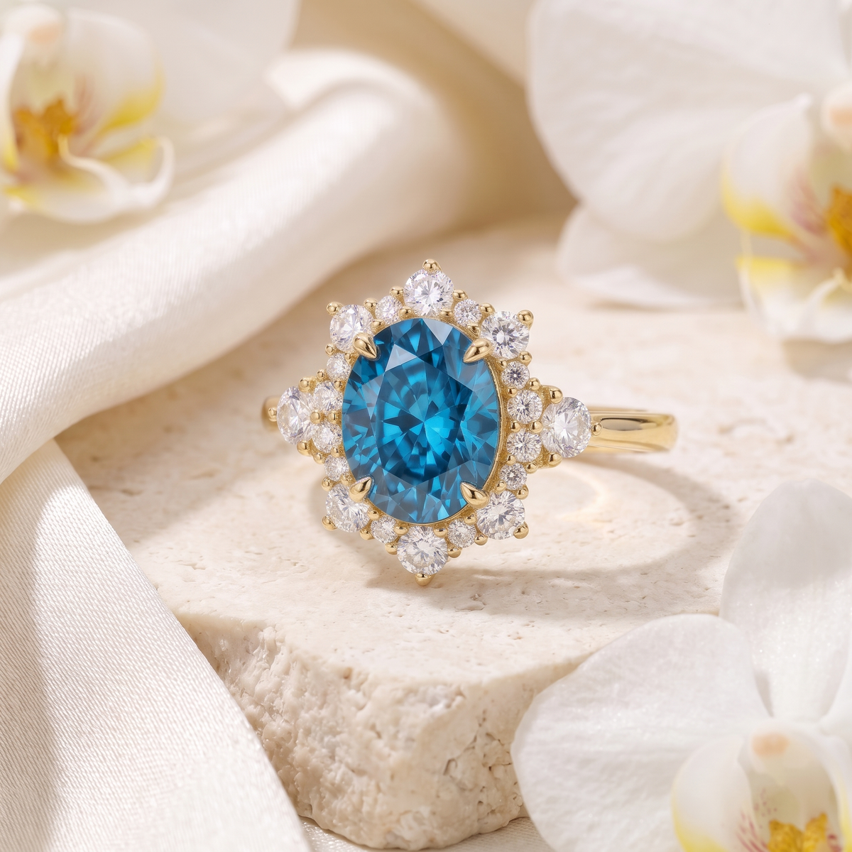 Side view of an oval blue moissanite halo engagement ring set in yellow gold on a stone block.