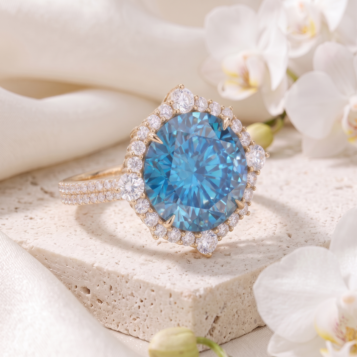 Angled view of a round blue moissanite statement halo ring in rose gold.