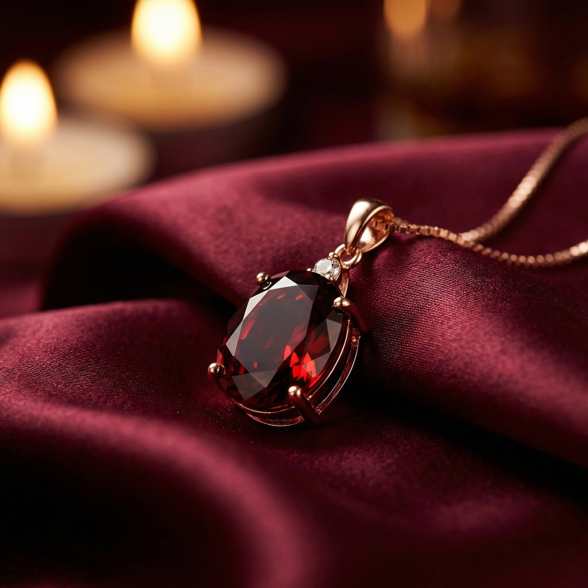 Detailed close-up of the 10x12mm oval cut natural garnet and 18K rose gold setting with diamond accent.