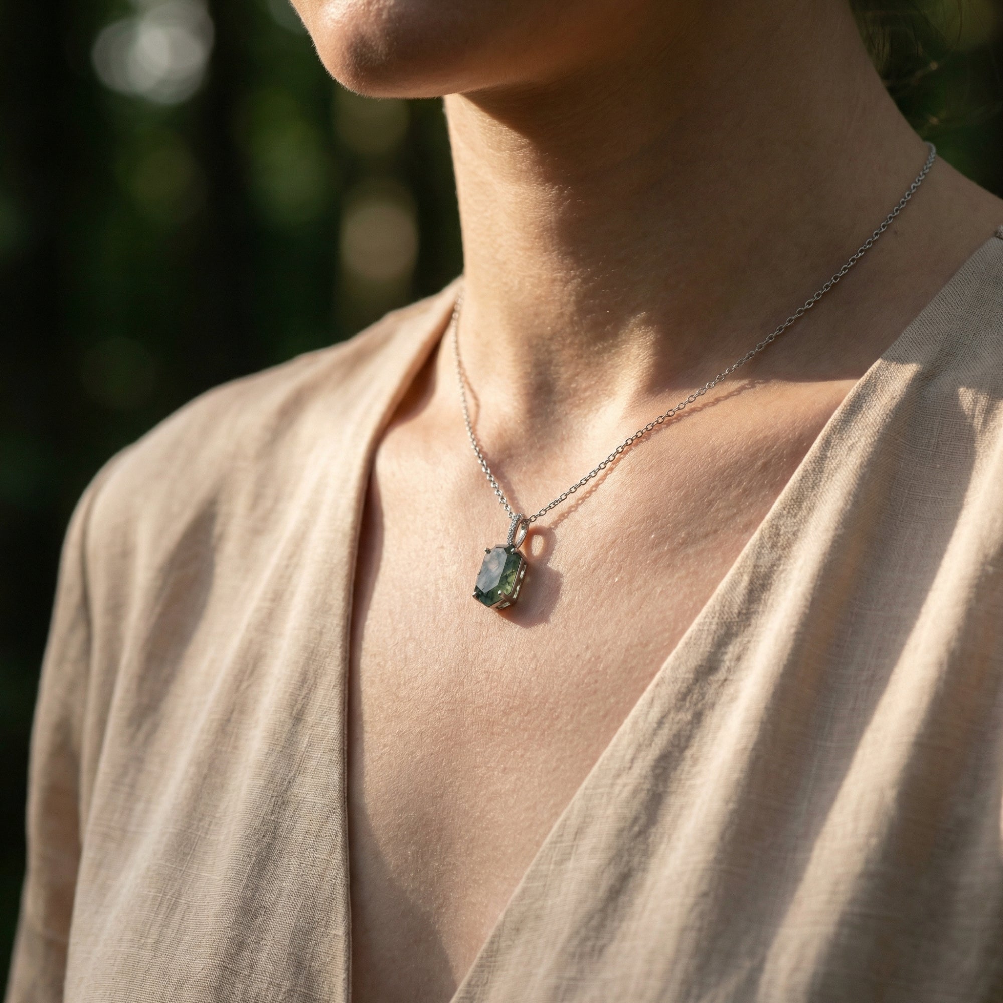 Coffin Cut Natuurlijke Mos Agaat Hanger Ketting - S925 Sterling Zilver