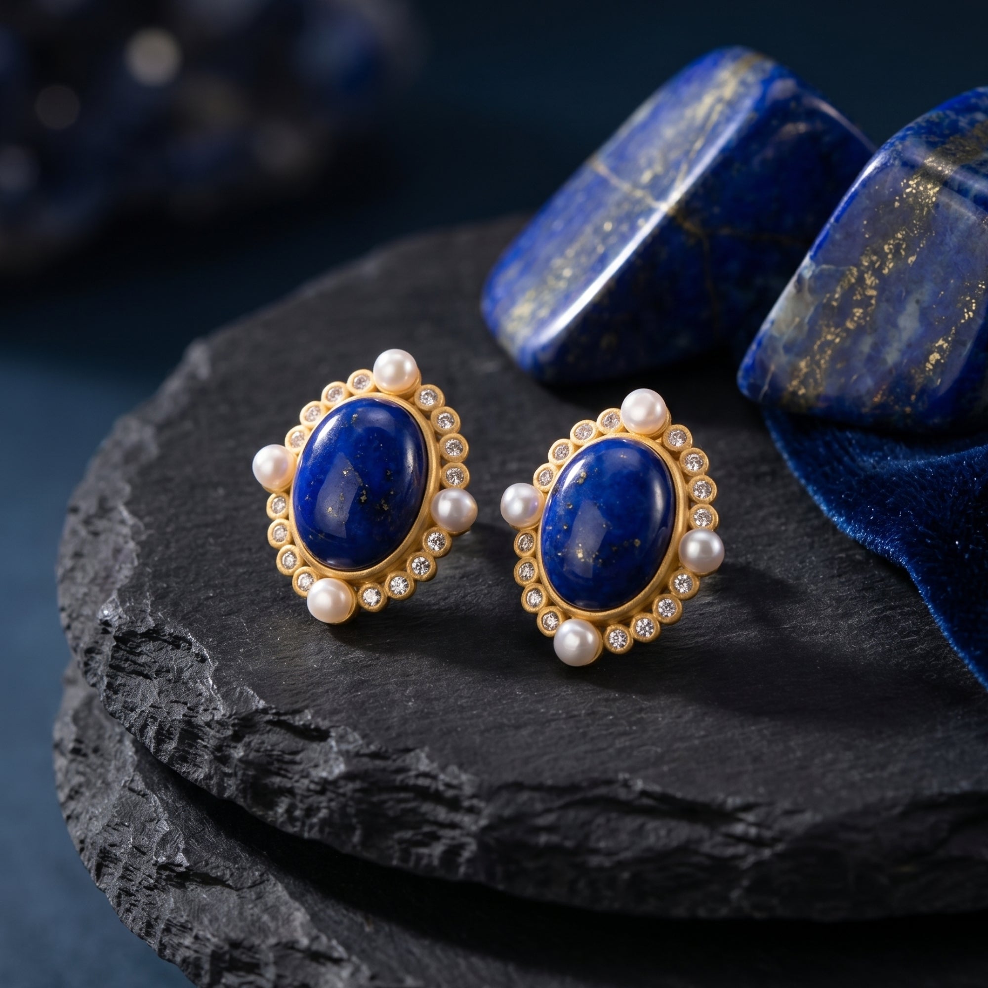 Detailed view of oval natural lapis lazuli stud earrings in gold plating with pearl and crystal accents on stone.