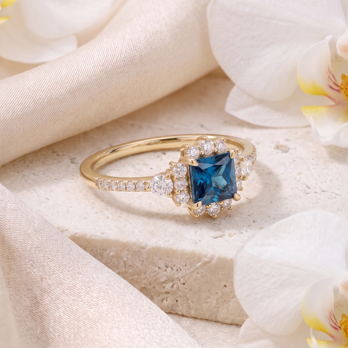 Side angle view of a yellow gold princess cut blue moissanite ring with a diamond accented band.