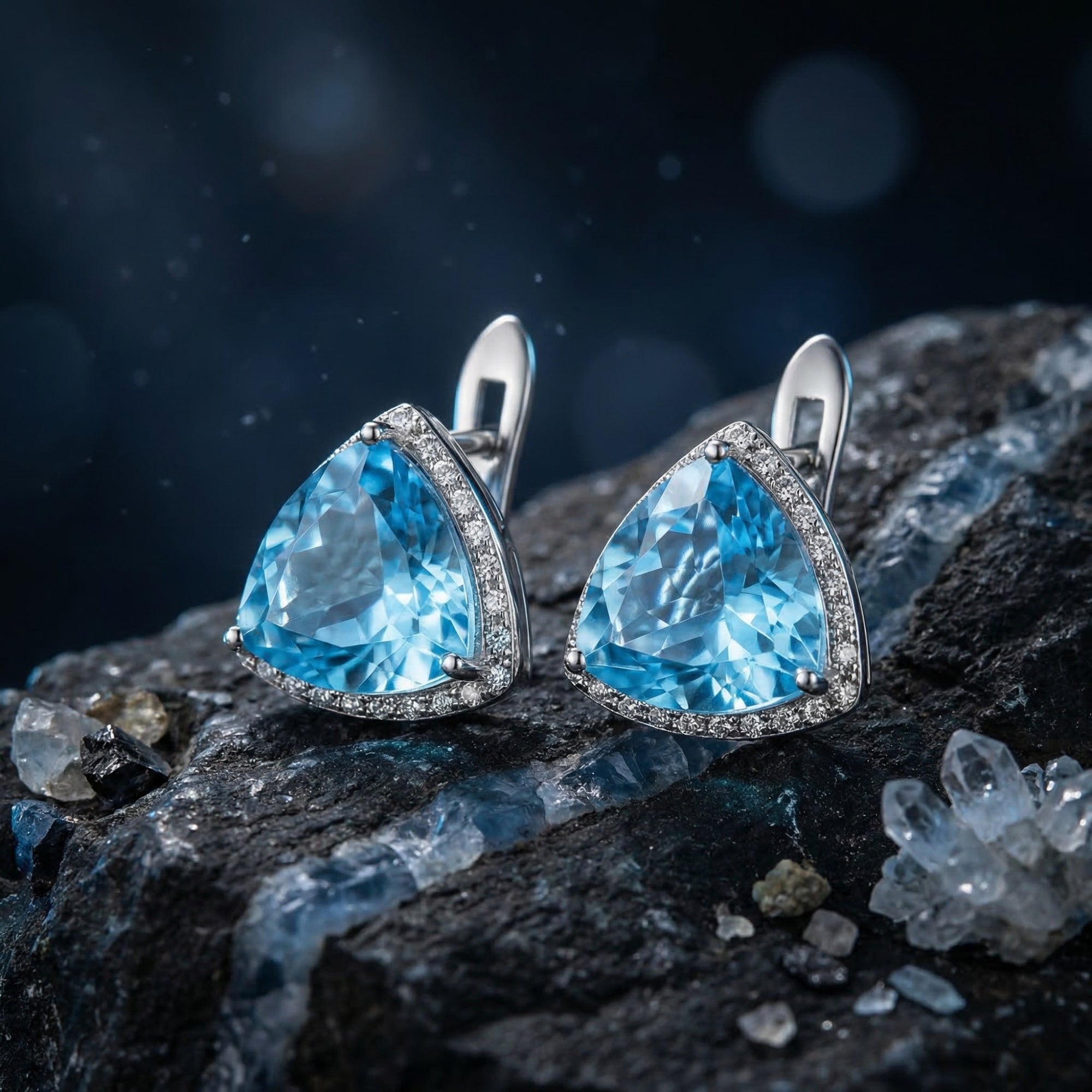 Close-up detail of silver triangle cut blue topaz earrings with a halo of small white stones on a rock.